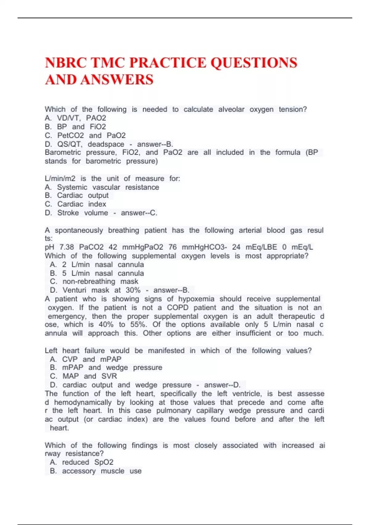 NBRC TMC PRACTICE QUESTIONS AND ANSWERS - NBRC - Stuvia US