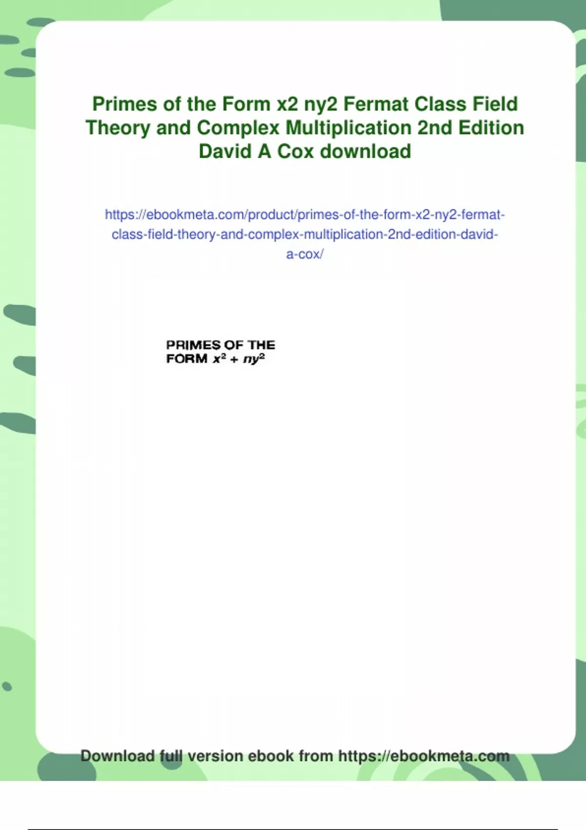 X2 01 Form.pdf Summary Primes of the Form x2 ny2 Fermat Class Field Theory and Complex ...