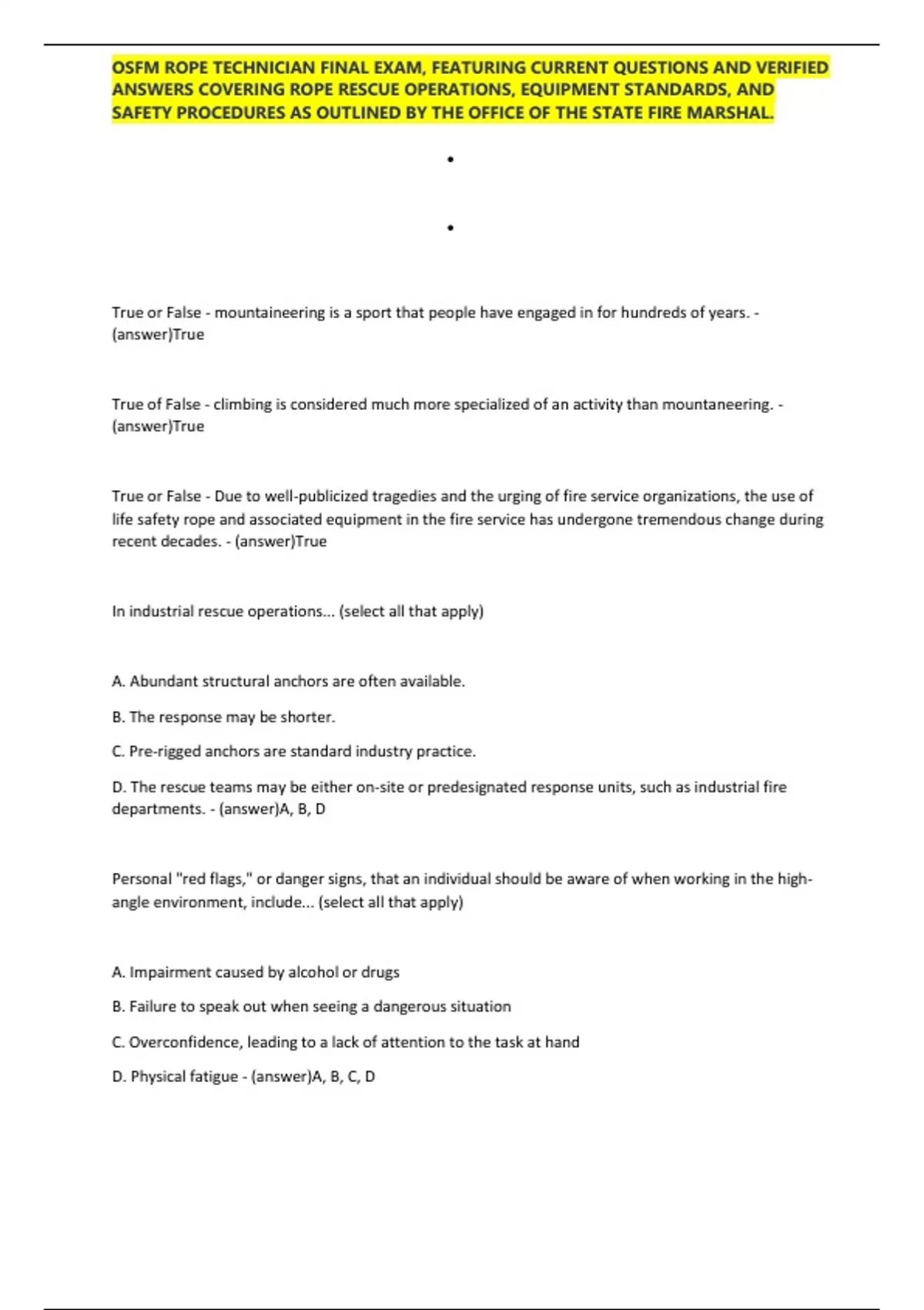 Job Application Rope Question OSFM ROPE TECHNICIAN FINAL EXAM, FEATURING CURRENT QUESTIONS AND ...