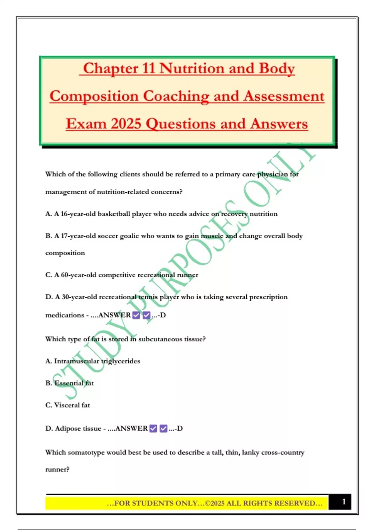 Chapter 11 Nutrition and Body Composition Coaching and Assessment Exam ...