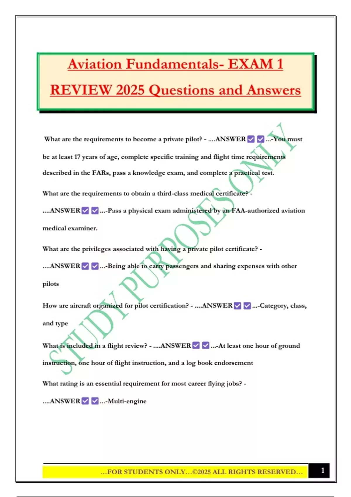 Aviation Fundamentals- EXAM 1 REVIEW 2025 Questions and Answers ...