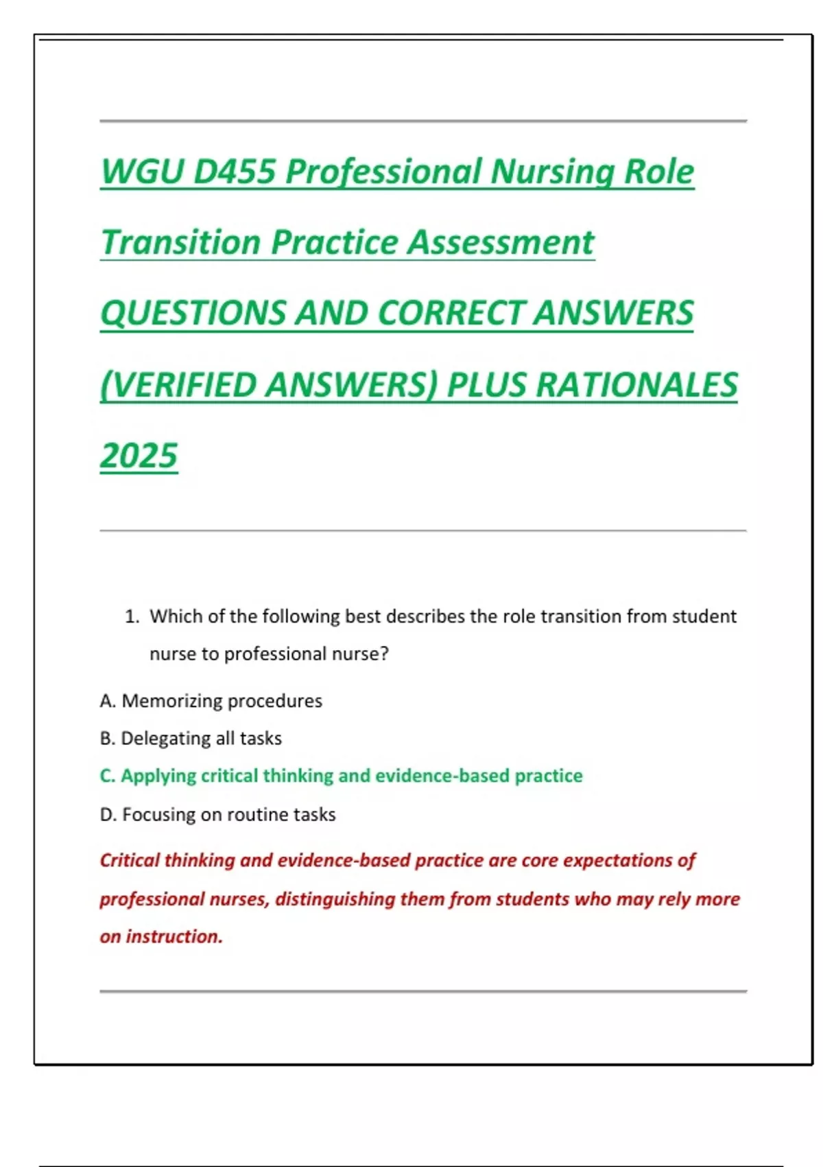 WGU D455 Professional Nursing Role Transition Practice Assessment ...