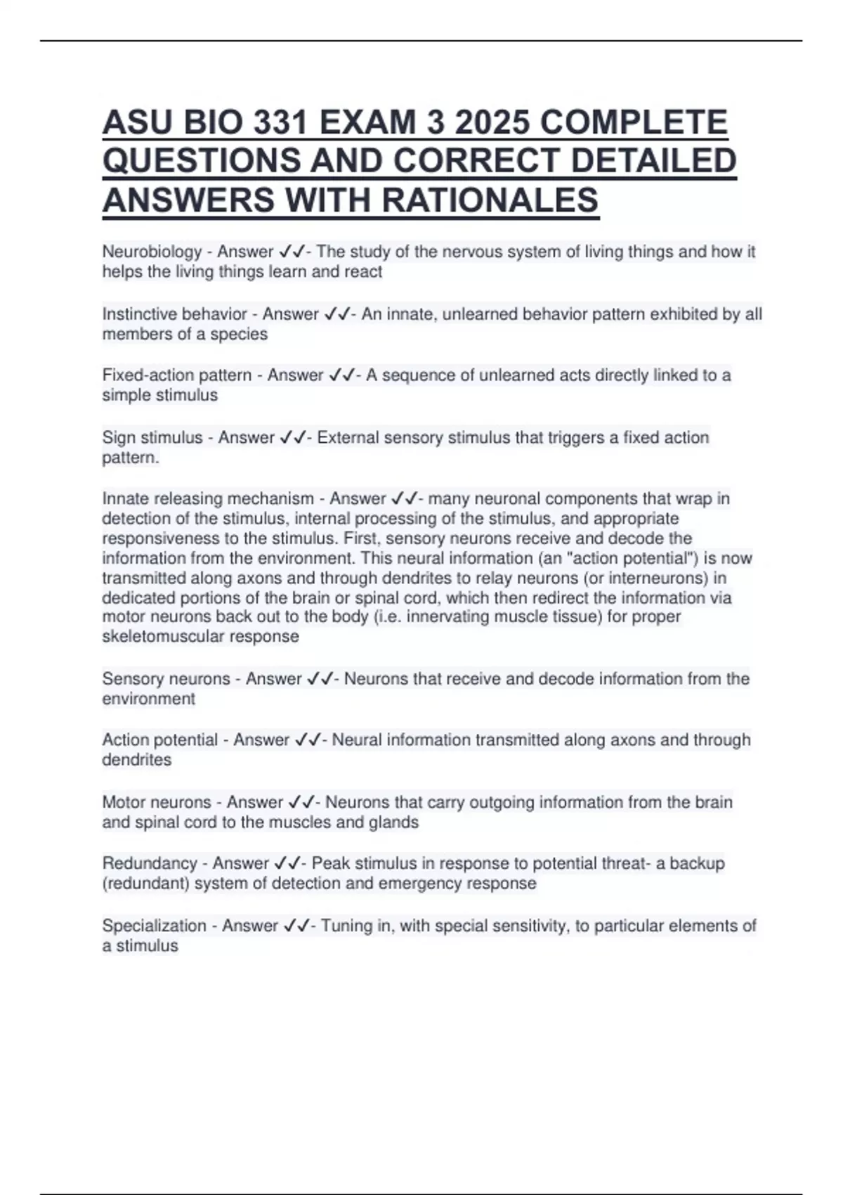 ASU BIO 331 EXAM 3 2025 COMPLETE QUESTIONS AND CORRECT DETAILED ANSWERS ...
