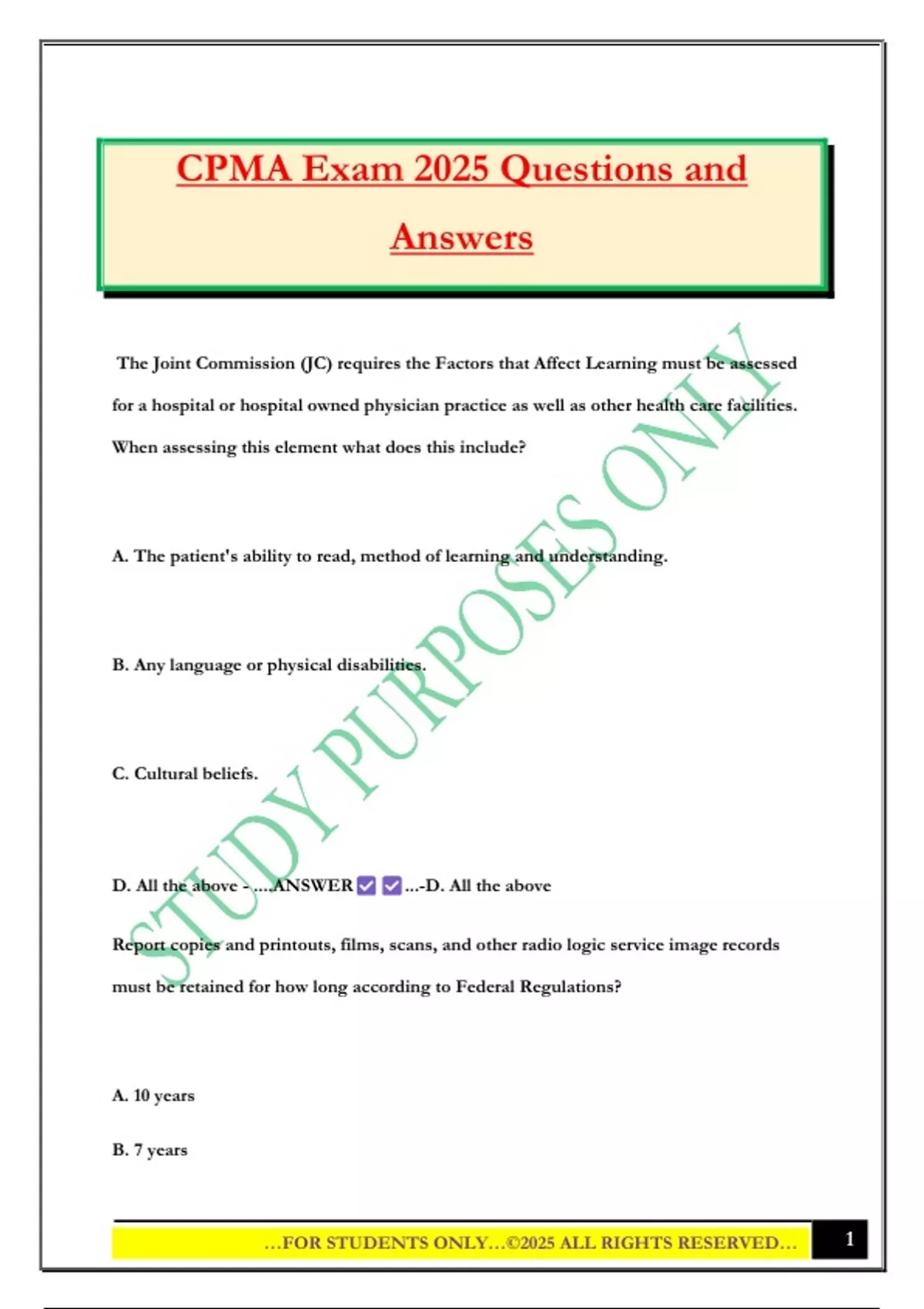 CPMA Exam 2025 Questions and Answers - CPMA - Stuvia US