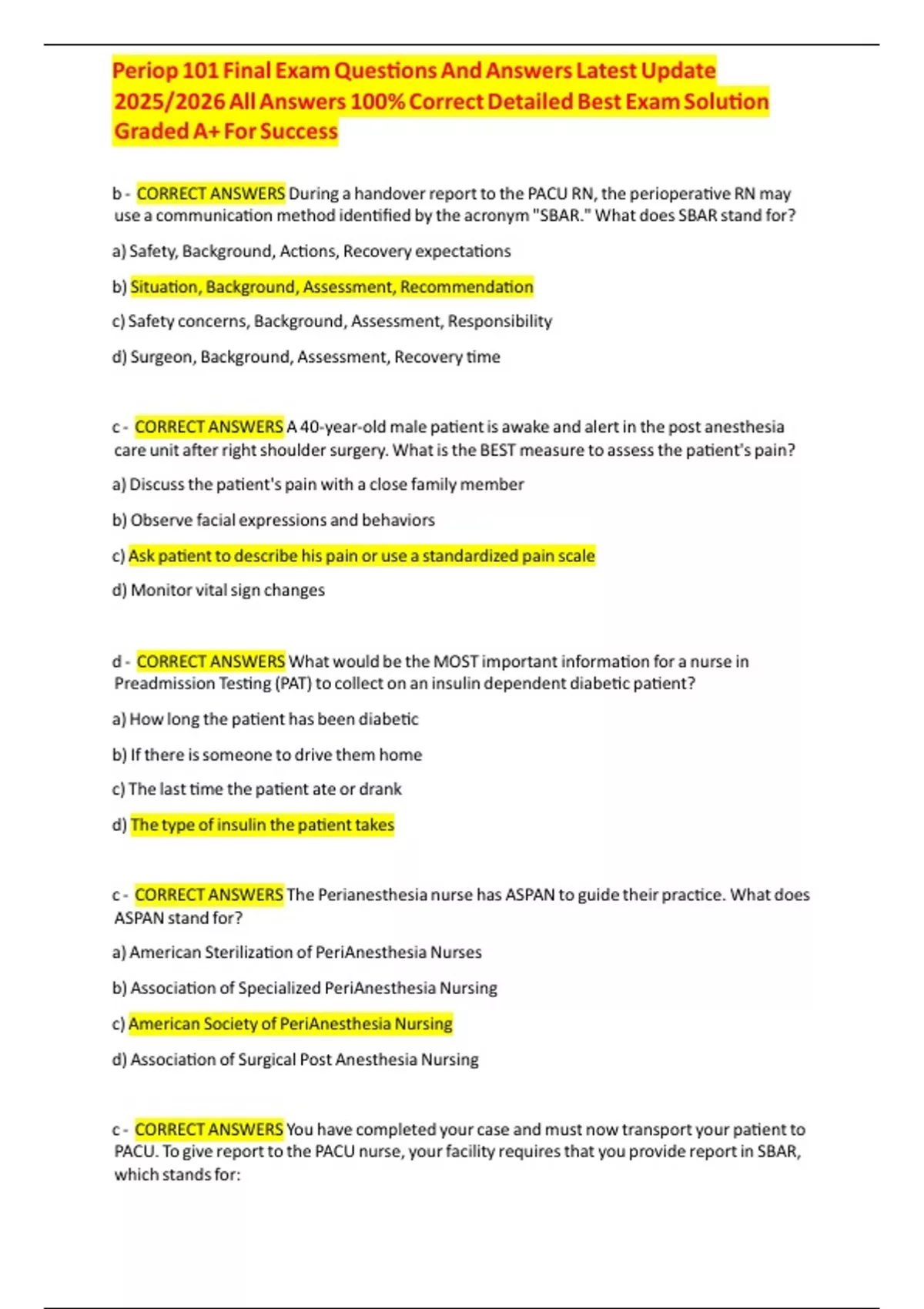 Periop 101 Final Exam Questions And Answers Latest Update 2025/2026 All ...