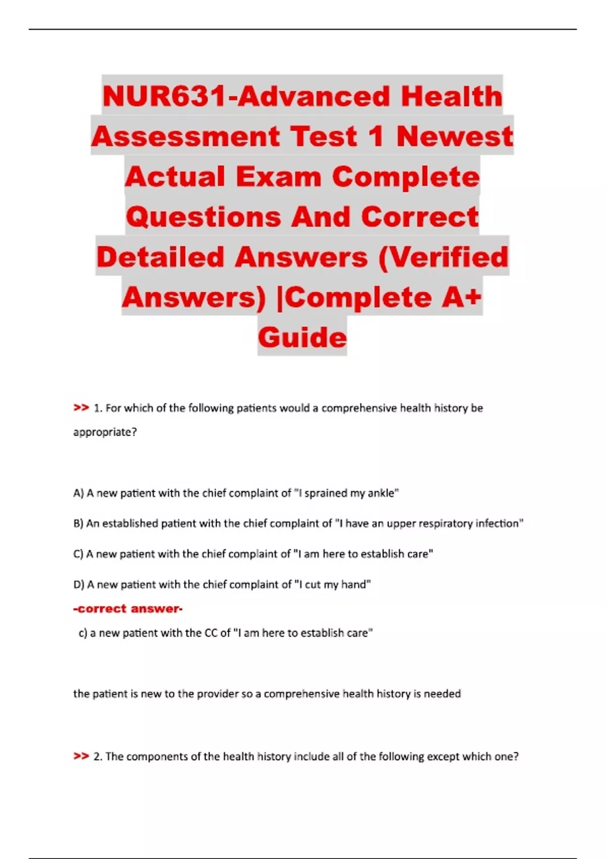 NUR631-Advanced Health Assessment Test 1 Newest Actual Exam 2025 ...