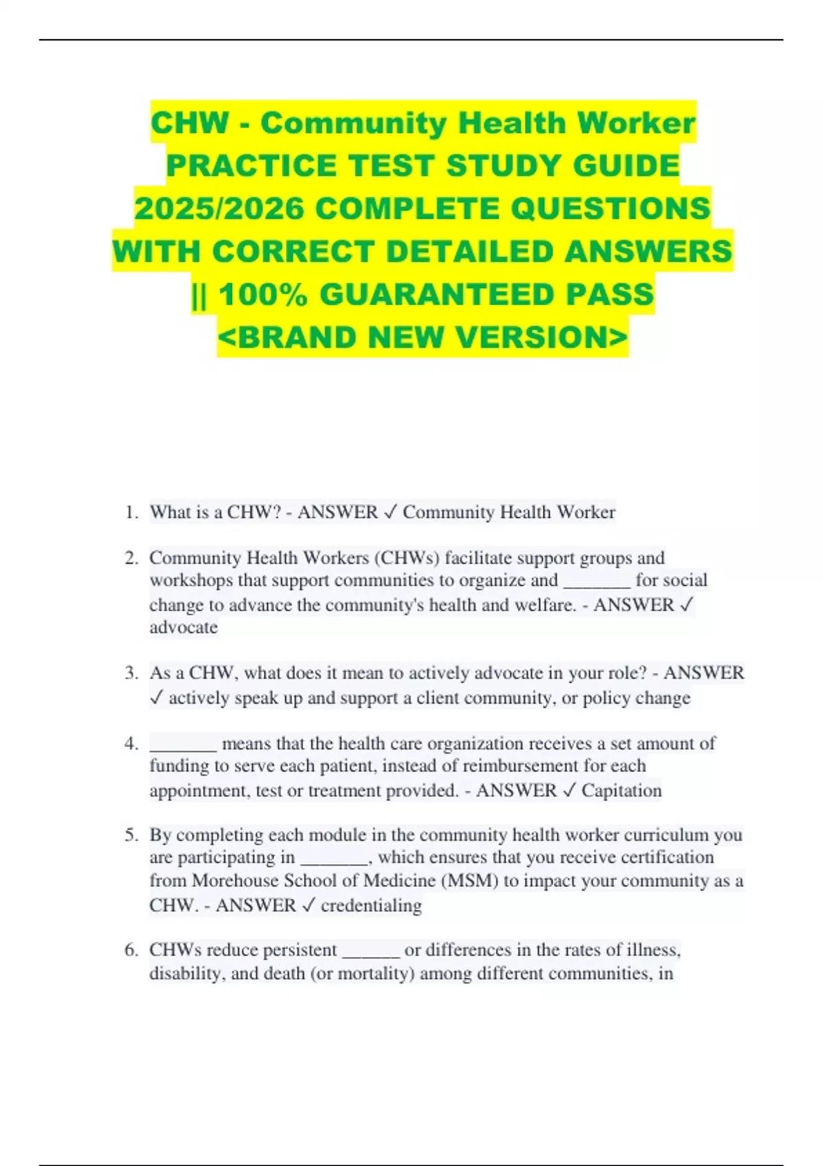 Sample Chw Notes CHW - Community Health Worker PRACTICE TEST STUDY GUIDE 2025/2026 ...