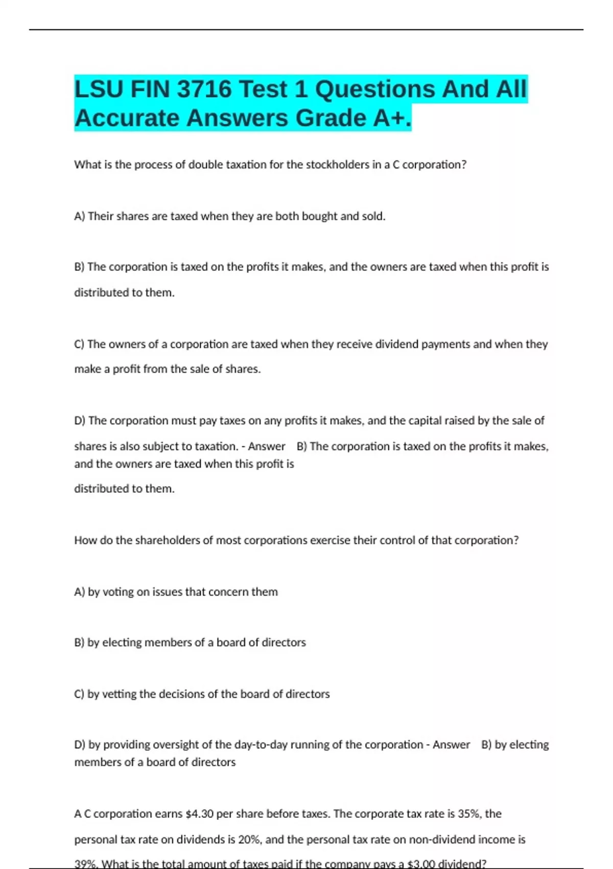 LSU FIN 3716 Test 1 Questions And All Accurate Answers Grade A+. - FIN ...