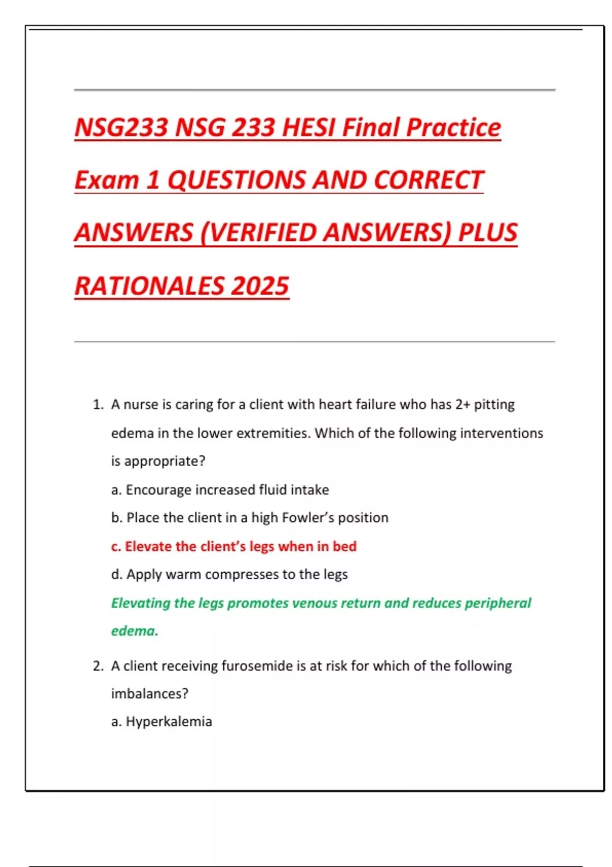 NSG233 NSG 233 HESI Final Practice Exam 1 QUESTIONS AND CORRECT ANSWERS ...