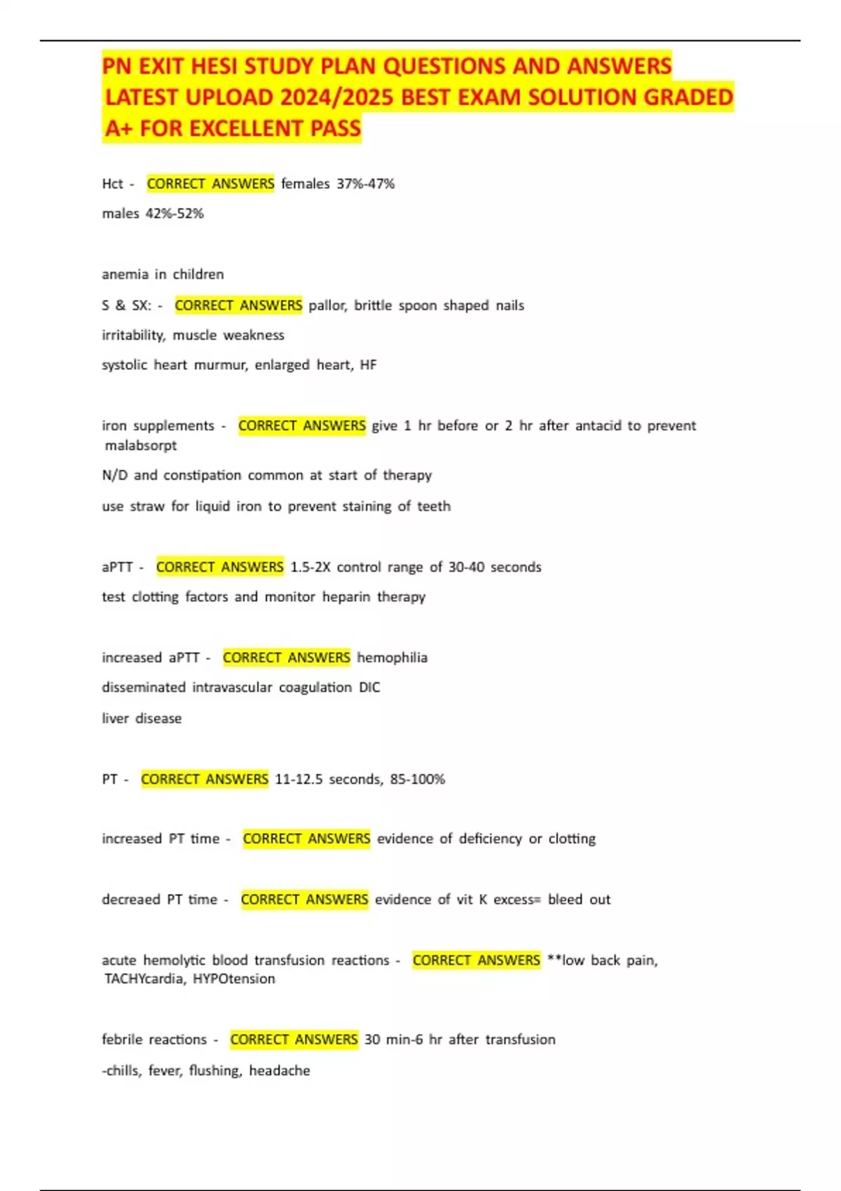 PN EXIT HESI STUDY PLAN QUESTIONS AND ANSWERS LATEST UPLOAD 2024/2025 ...