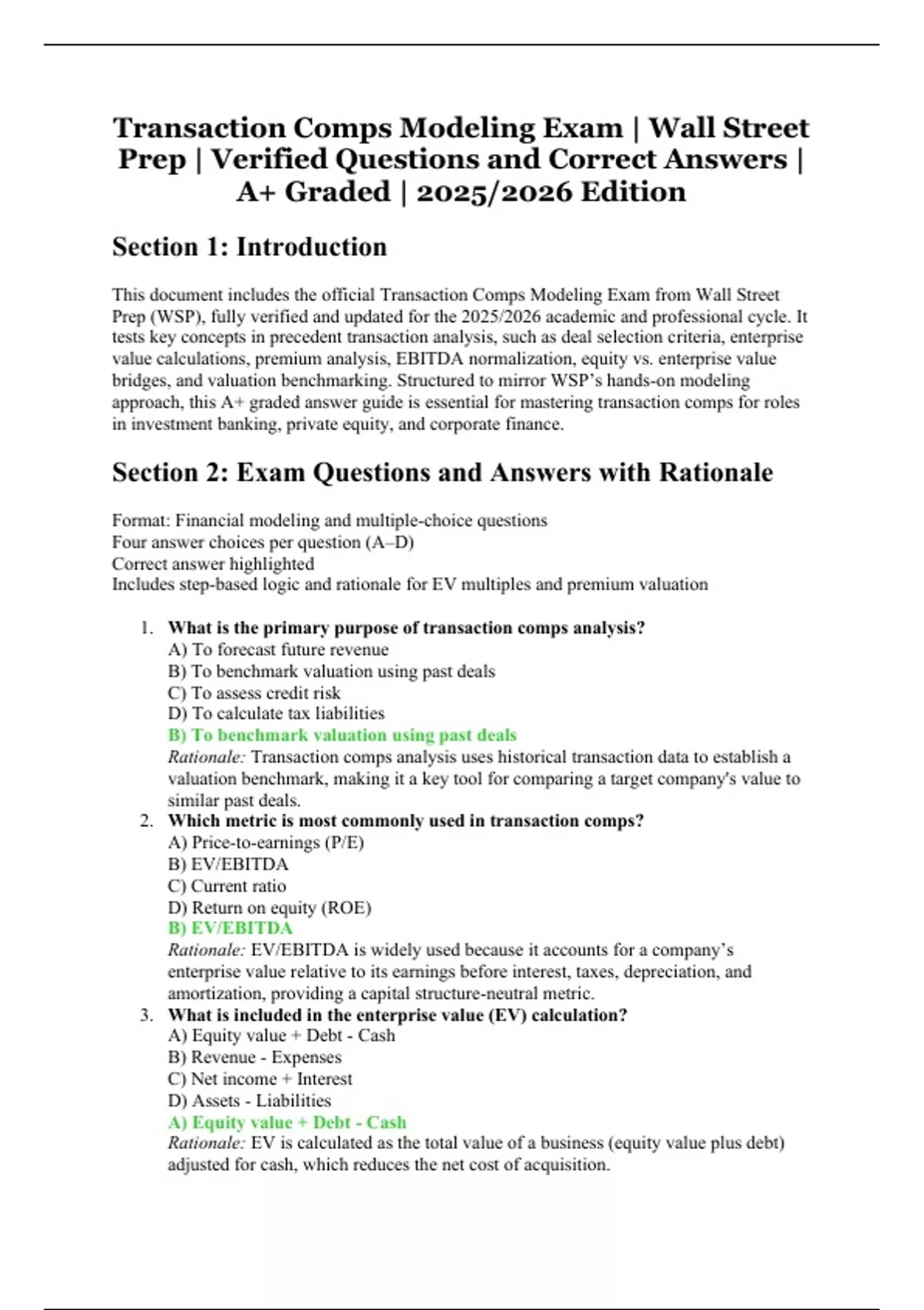 Transaction Comps Modeling Exam – Wall Street Prep – 2025/2026 Edition ...