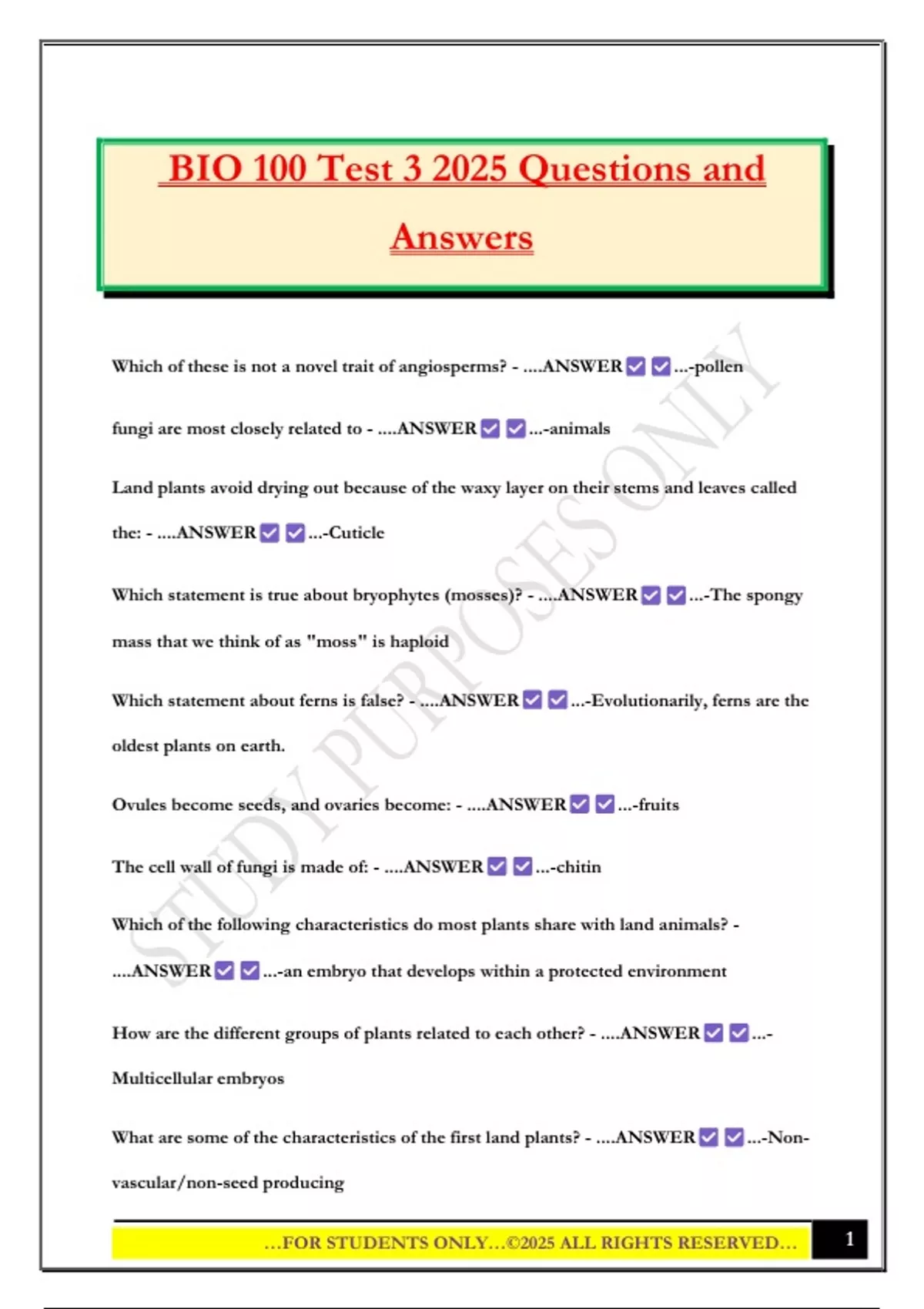 BIO 100 Test 3 2025 Questions and Answers - BIO 100 - Stuvia US