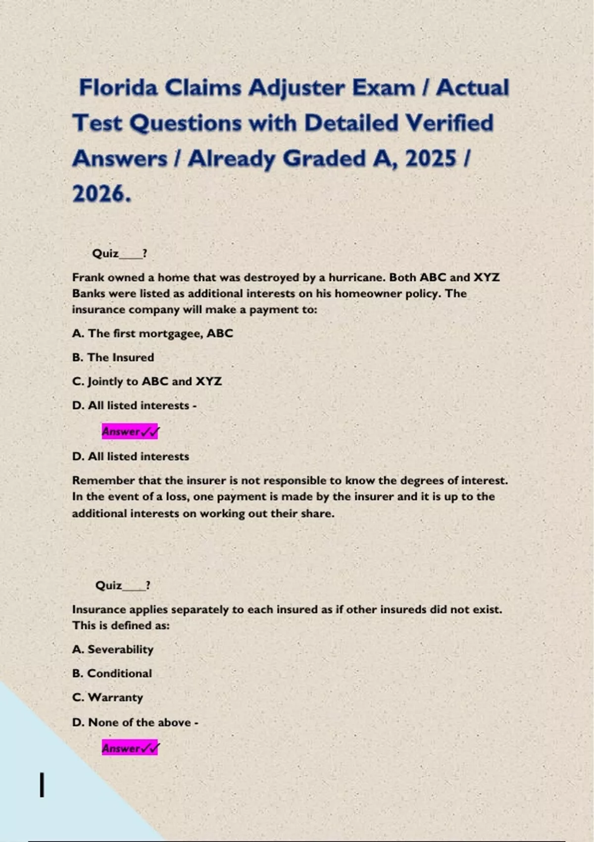 Florida Claims Adjuster Exam / Actual Test Questions with Detailed ...