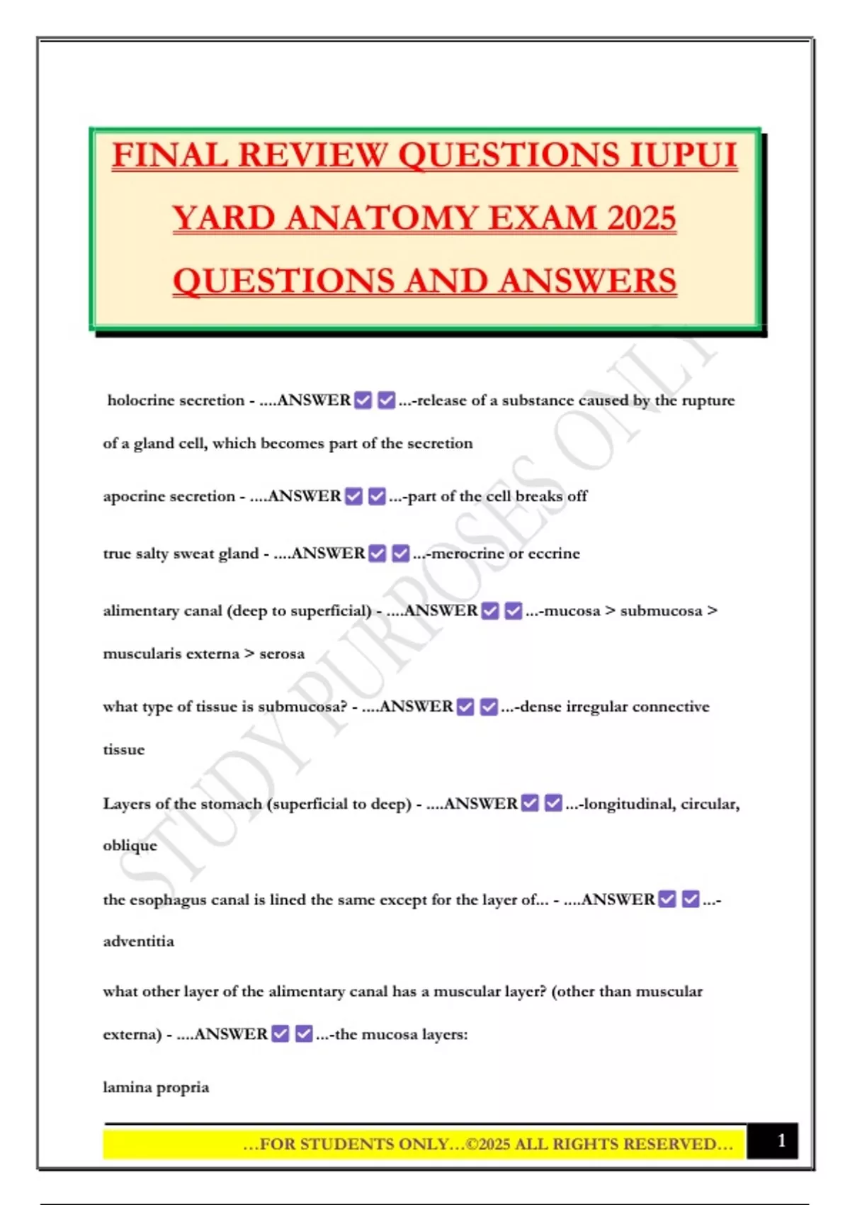 FINAL REVIEW QUESTIONS IUPUI YARD ANATOMY EXAM 2025 QUESTIONS AND ...