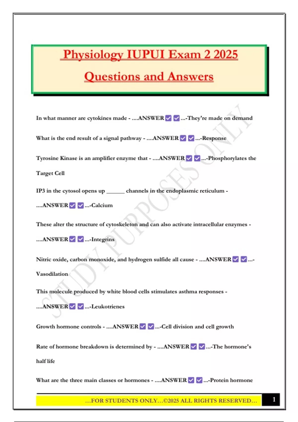 Physiology IUPUI Exam 2 2025 Questions and Answers - IUPUI - Stuvia US