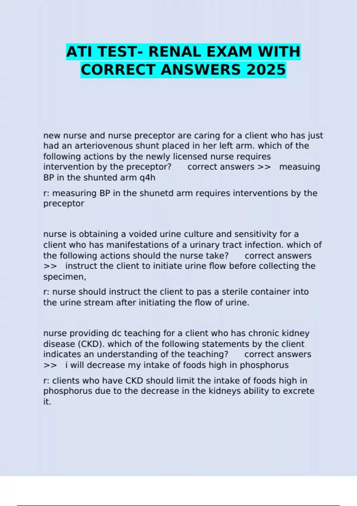 ATI TEST- RENAL EXAM WITH CORRECT ANSWERS 2025 - ATI TEST- RENAL EXA ...