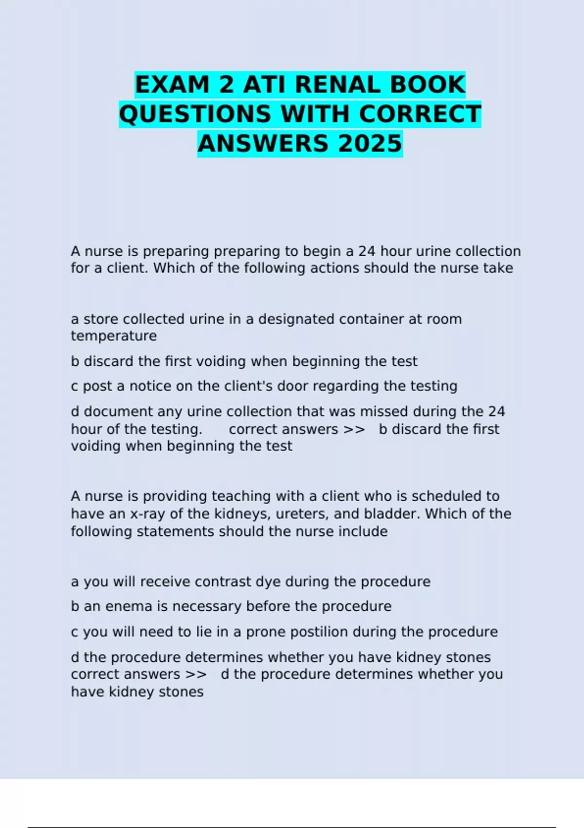 EXAM 2 ATI RENAL BOOK QUESTIONS WITH CORRECT ANSWERS 2025 - EXATI REN ...