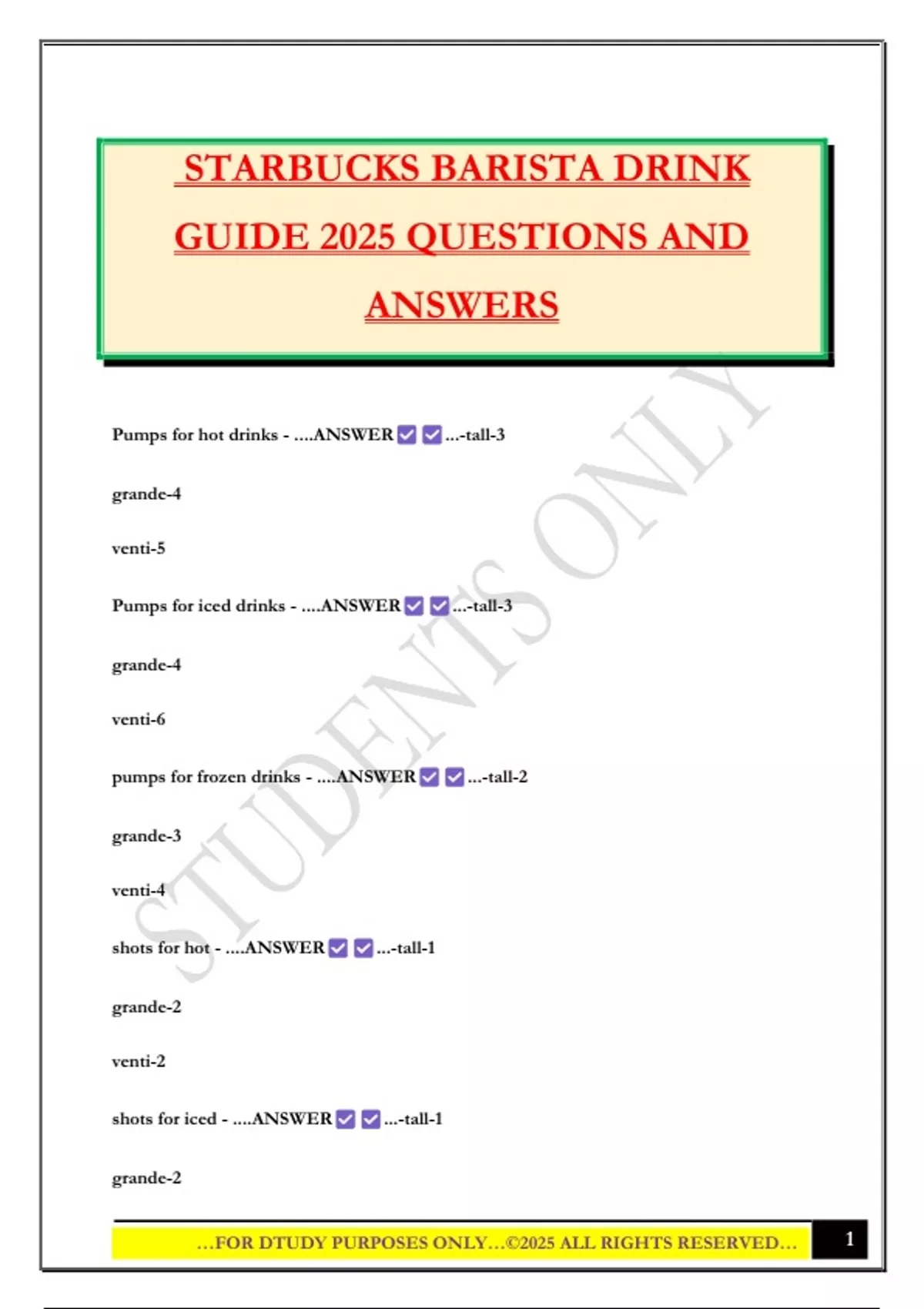 STARBUCKS BARISTA DRINK GUIDE 2025 QUESTIONS AND ANSWERS - BARISTA ...