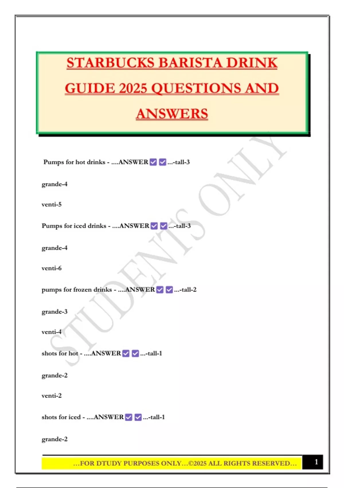 STARBUCKS BARISTA DRINK GUIDE 2025 QUESTIONS AND ANSWERS - BARISTA ...