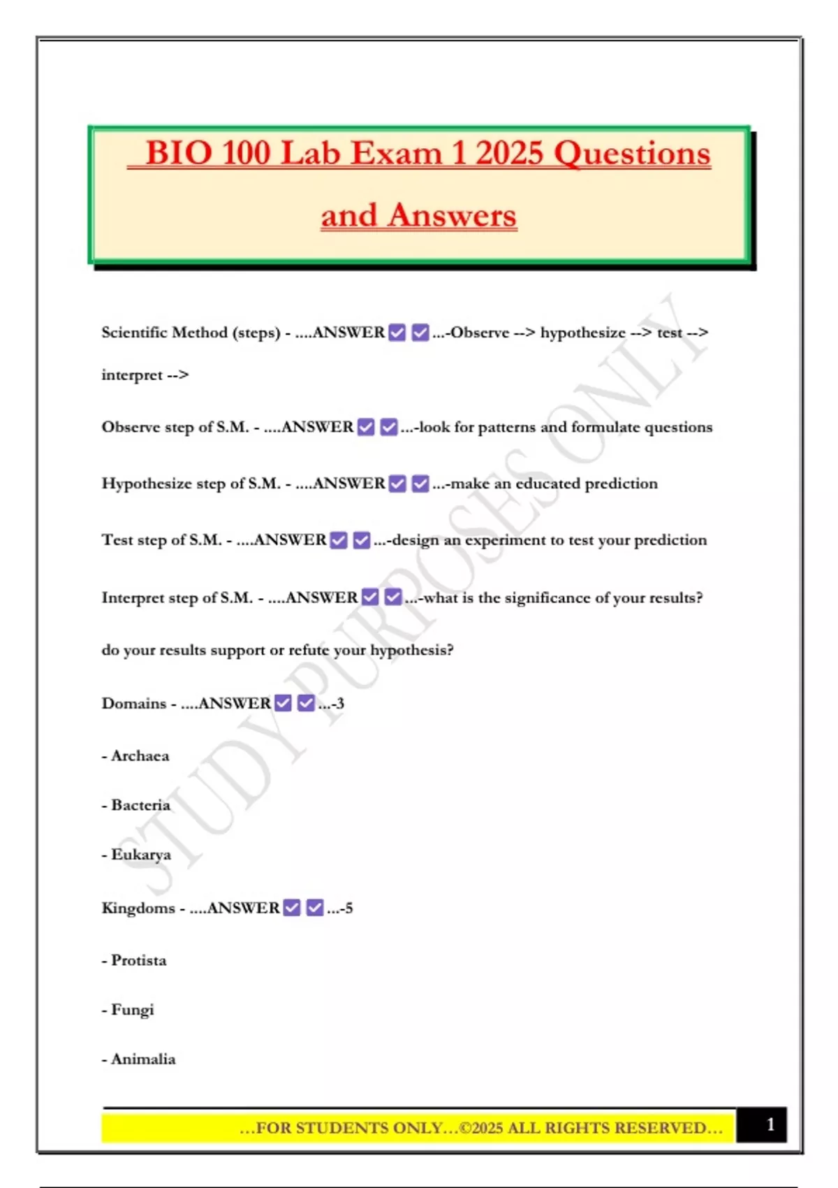 BIO 100 Lab Exam 1 2025 Questions and Answers - Bio 100 - Stuvia US