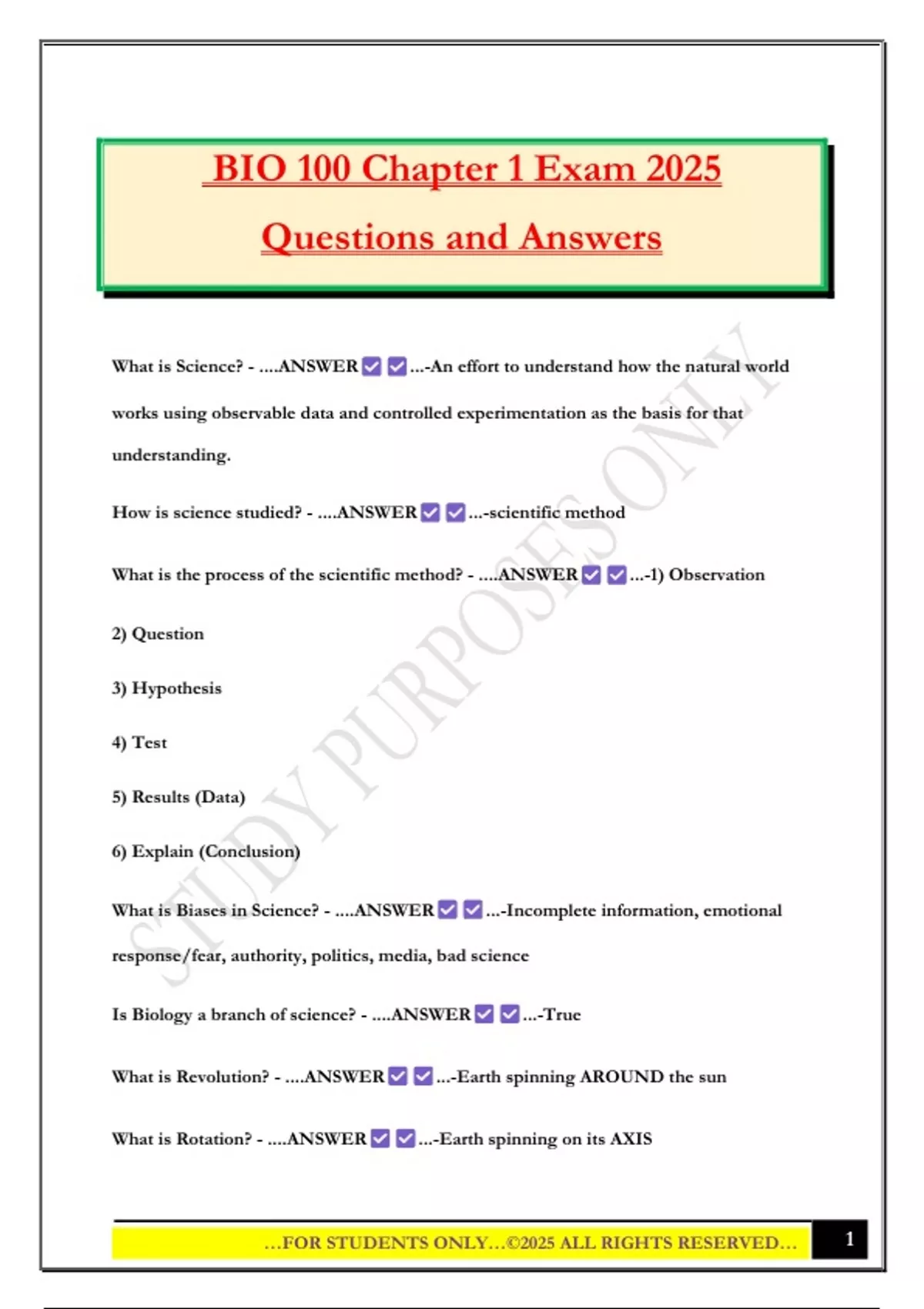 BIO 100 Chapter 1 Exam 2025 Questions and Answers - Bio 100 - Stuvia US