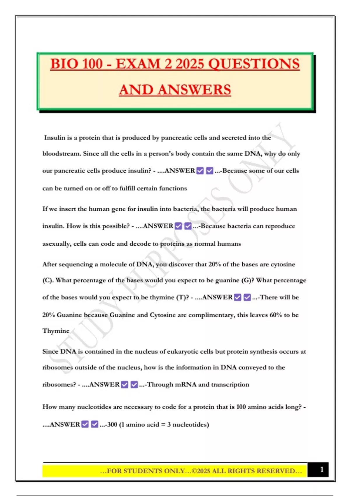 BIO 100 - EXAM 2 2025 QUESTIONS AND ANSWERS - Bio 100 - Stuvia US