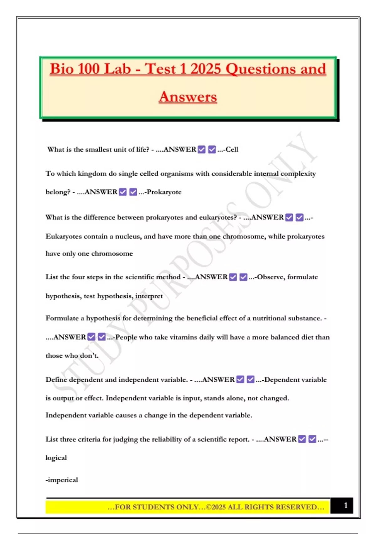 Function 100 Lab Test Bio 100 Lab - Test 1 2025 Questions and Answers - Bio 100 - Stuvia US