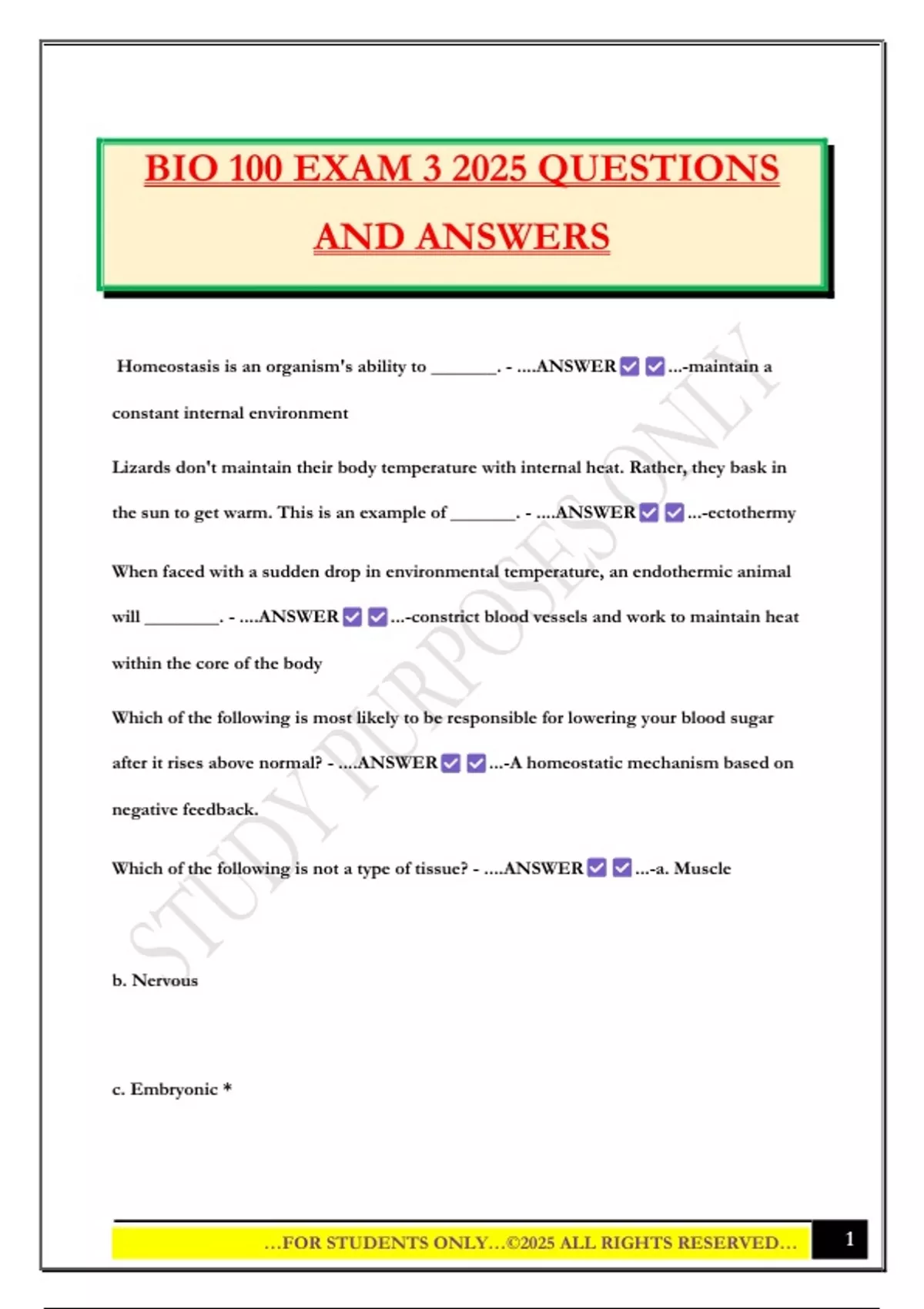 BIO 100 EXAM 3 2025 QUESTIONS AND ANSWERS - Bio 100 - Stuvia US