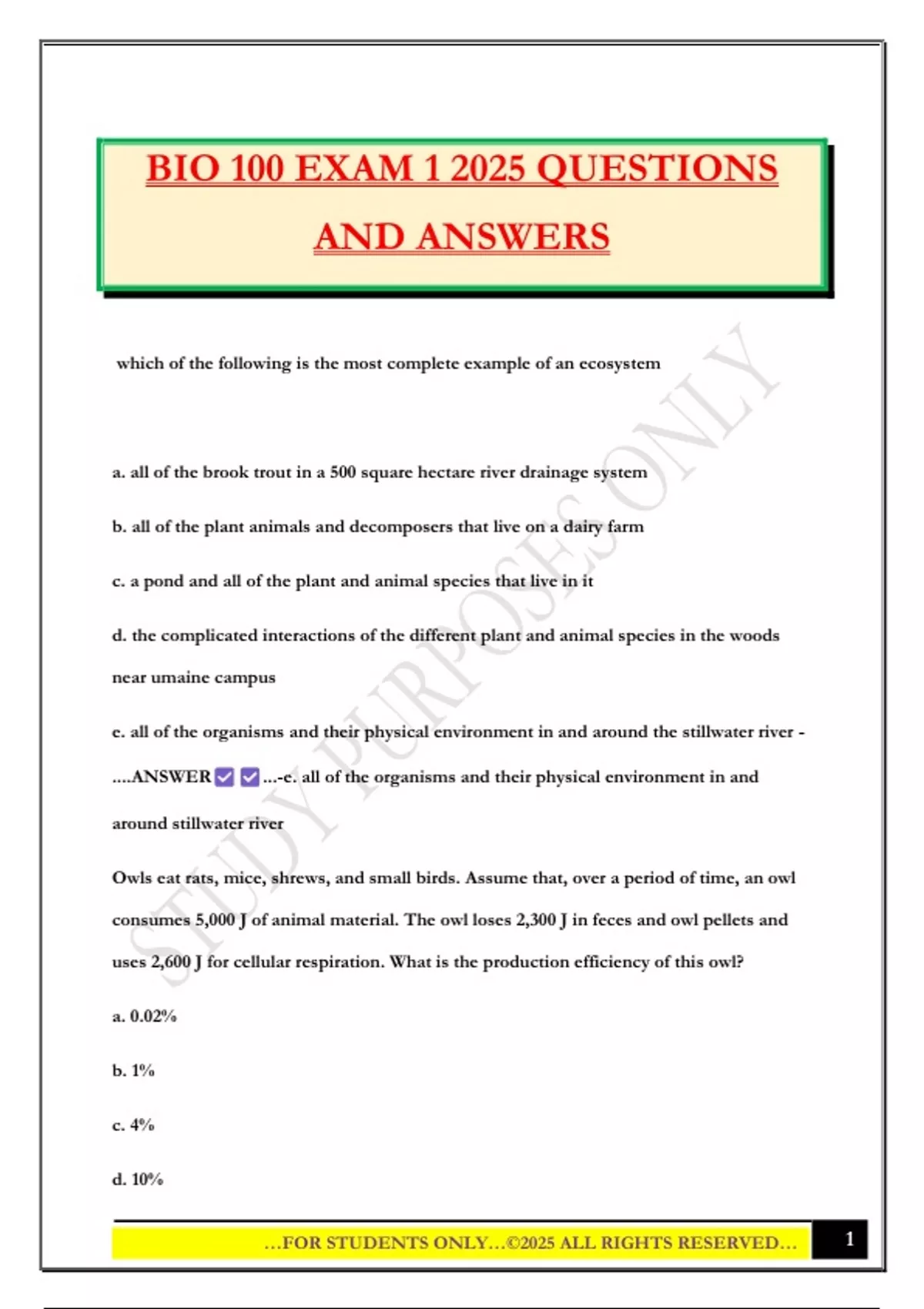 BIO 100 EXAM 1 2025 QUESTIONS AND ANSWERS - Bio 100 - Stuvia US