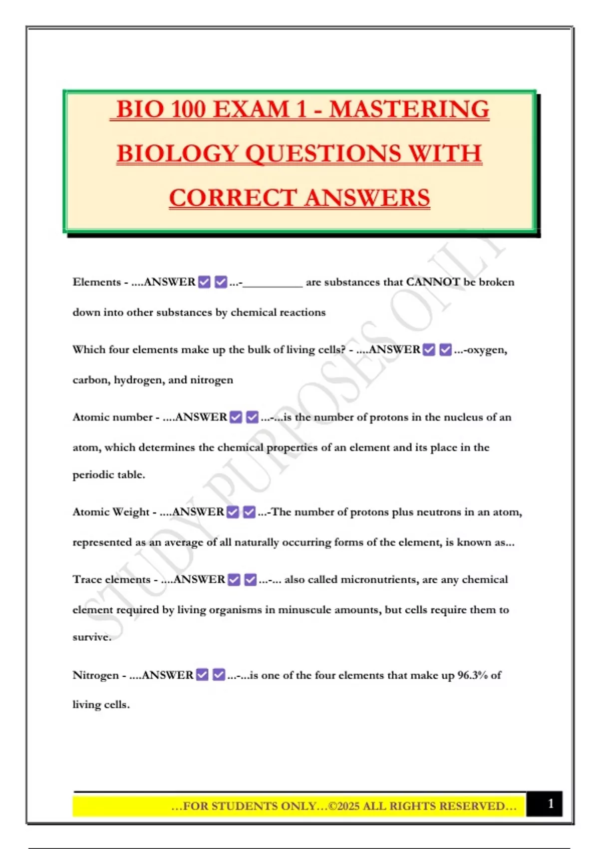 BIO 100 EXAM 1 - MASTERING BIOLOGY QUESTIONS WITH CORRECT ANSWERS - Bio ...