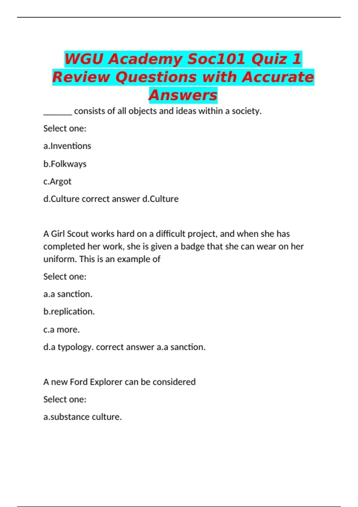 WGU Academy Soc101 Quiz 1 Review Questions with Accurate Answers - ORA ...