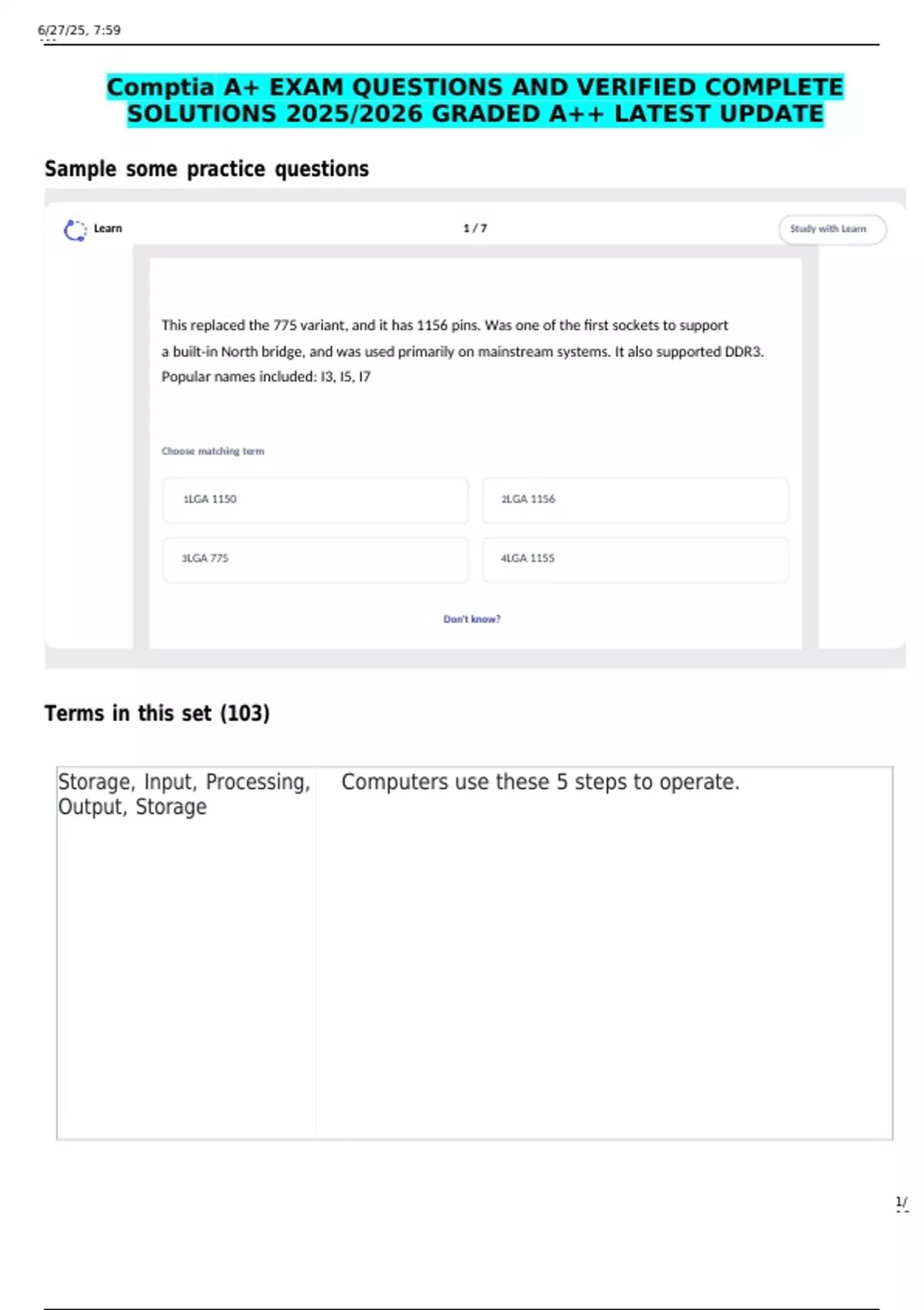 Comptia A+ EXAM QUESTIONS AND VERIFIED COMPLETE SOLUTIONS 2025/2026 ...