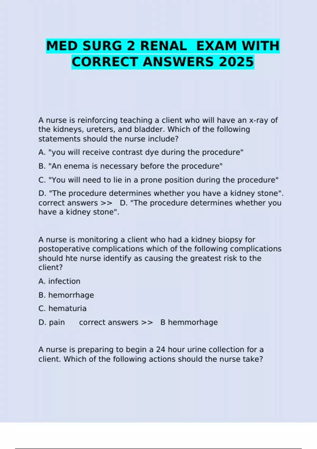 MED SURG 2 RENAL EXAM WITH CORRECT ANSWERS 2025 - MED SURG 2 RENAL EXA ...