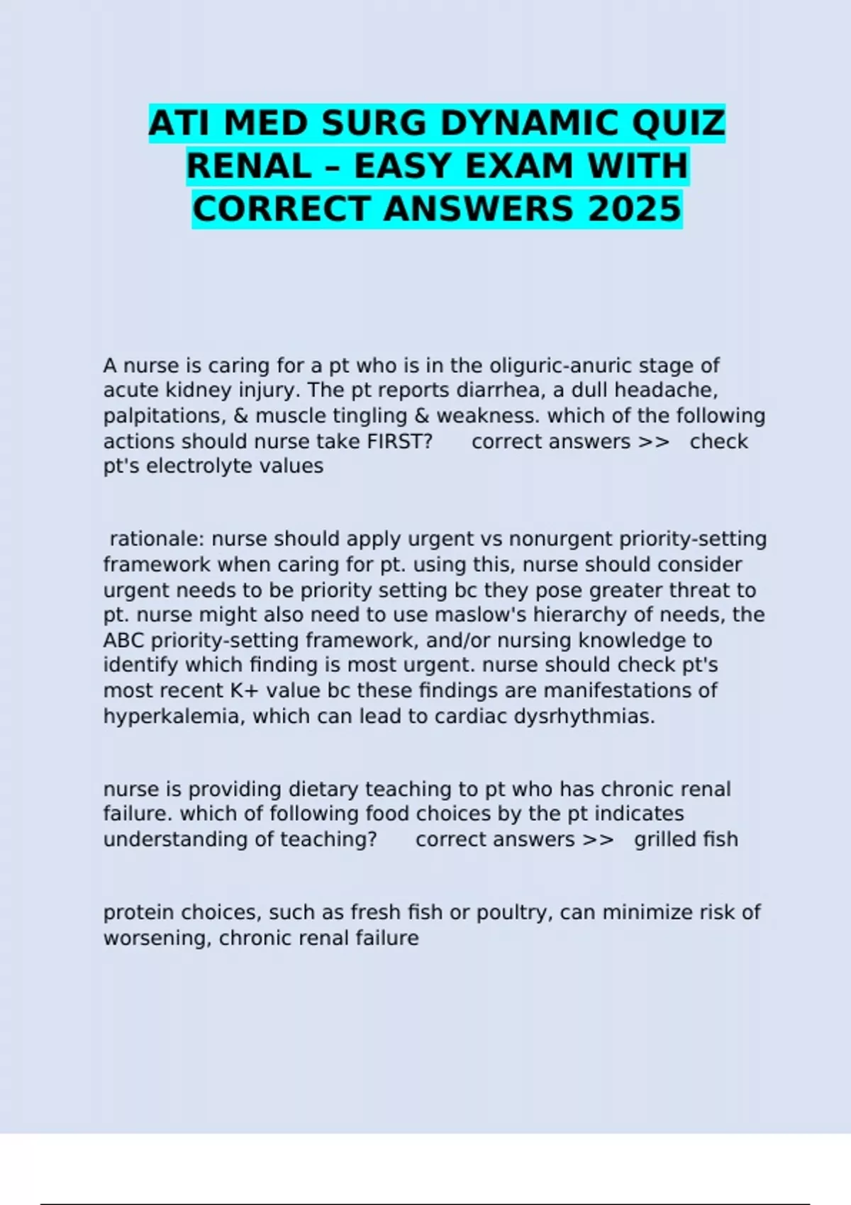 ATI MED SURG DYNAMIC QUIZ RENAL – EASY EXAM WITH CORRECT ANSWERS 2025 ...