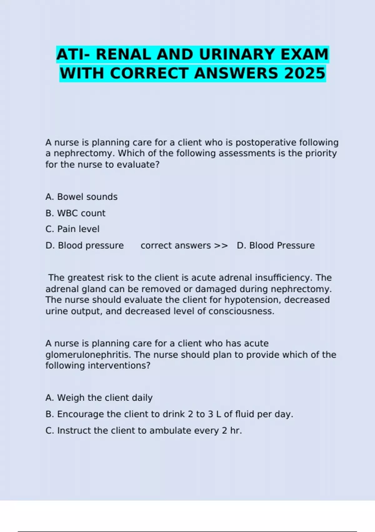 ATI- RENAL AND URINARY EXAM WITH CORRECT ANSWERS 2025 - ATI- RENAL AND ...