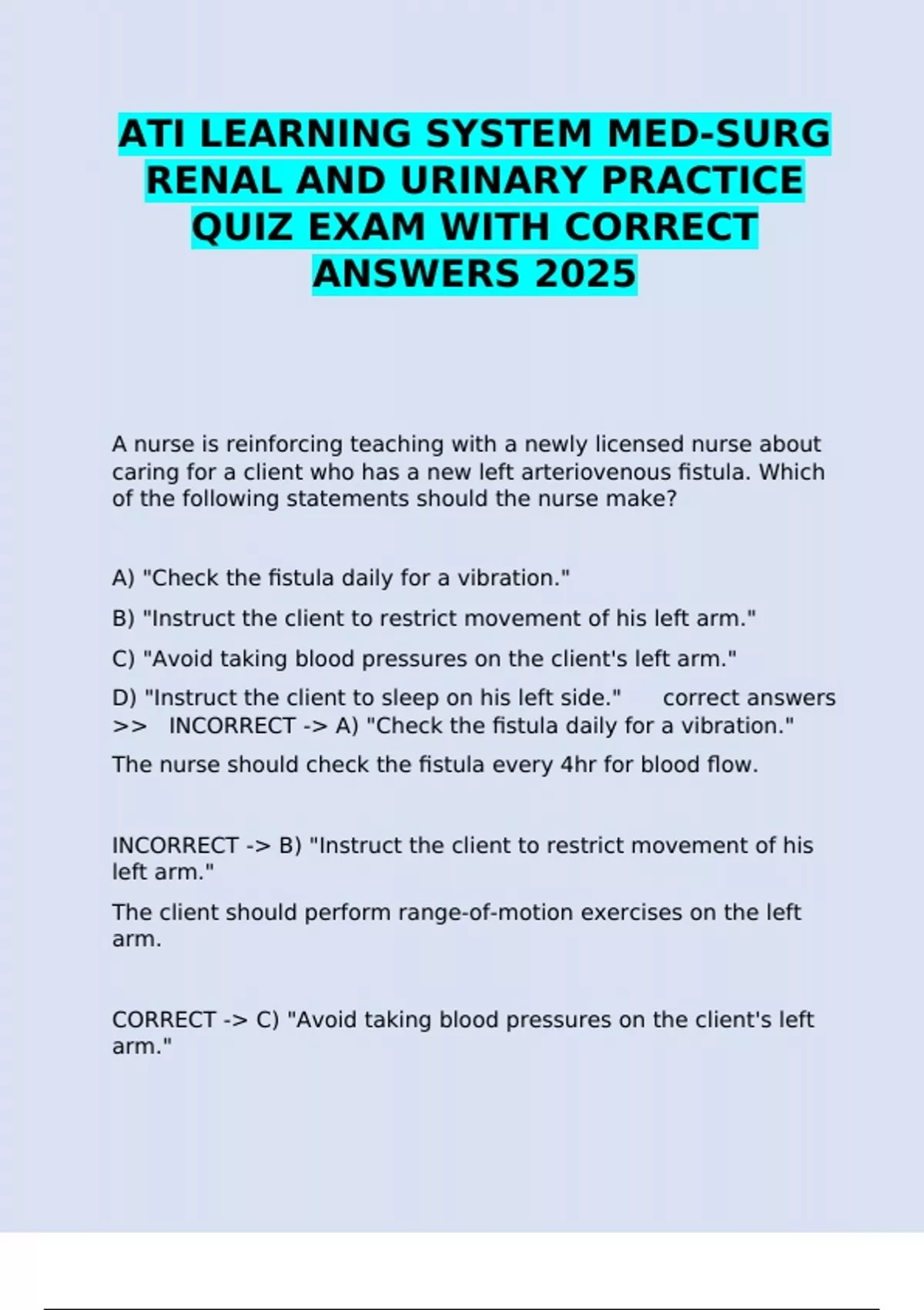 ATI LEARNING SYSTEM MED-SURG RENAL AND URINARY PRACTICE QUIZ EXAM WITH ...