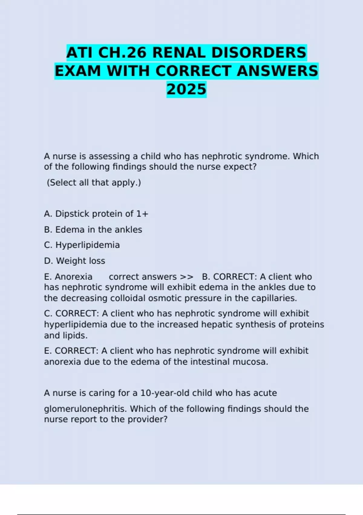 ATI CH.26 RENAL DISORDERS EXAM WITH CORRECT ANSWERS 2025 - ATI CH.26 ...