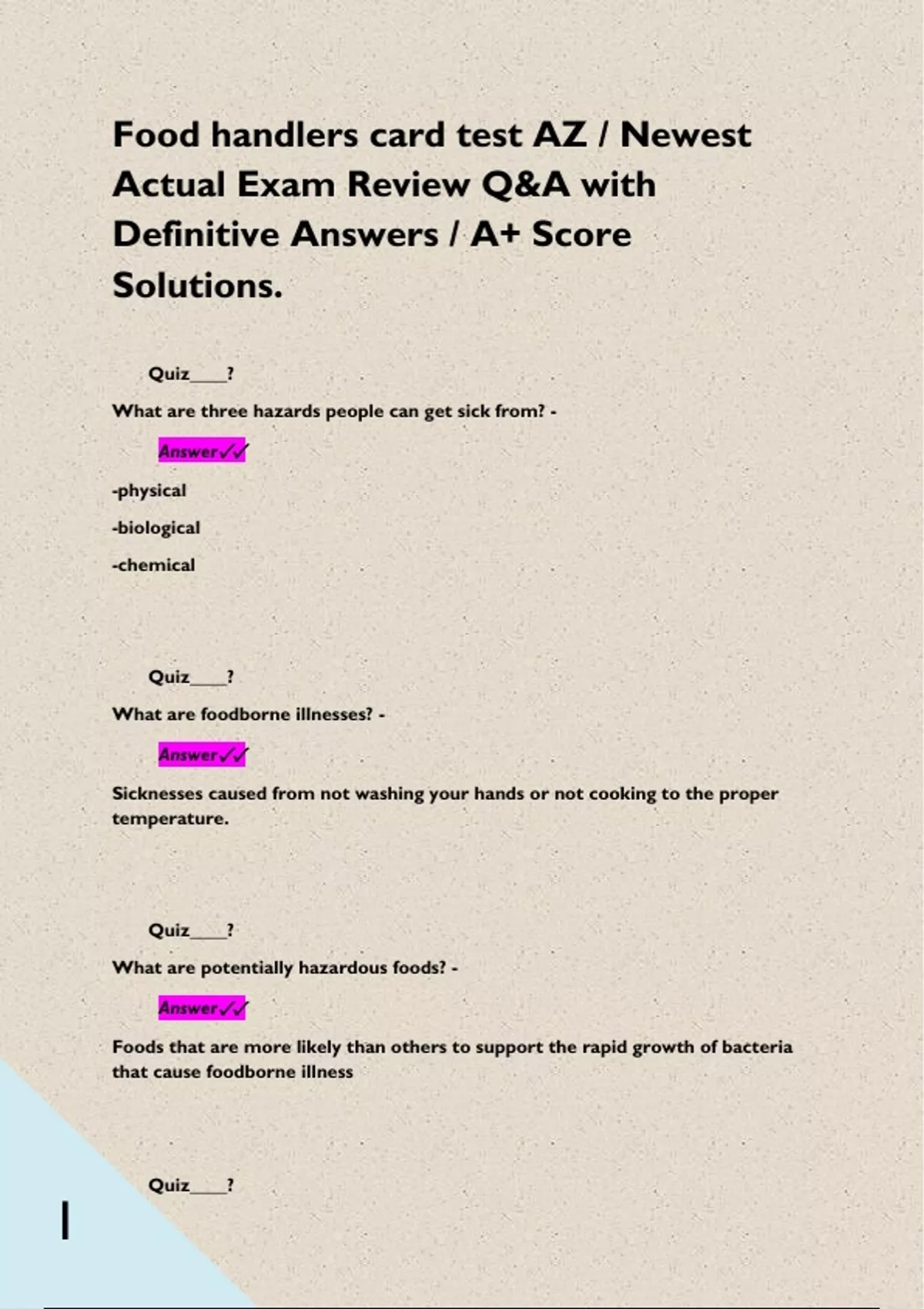 Food handlers card test AZ / Newest Actual Exam Review Q&A with ...