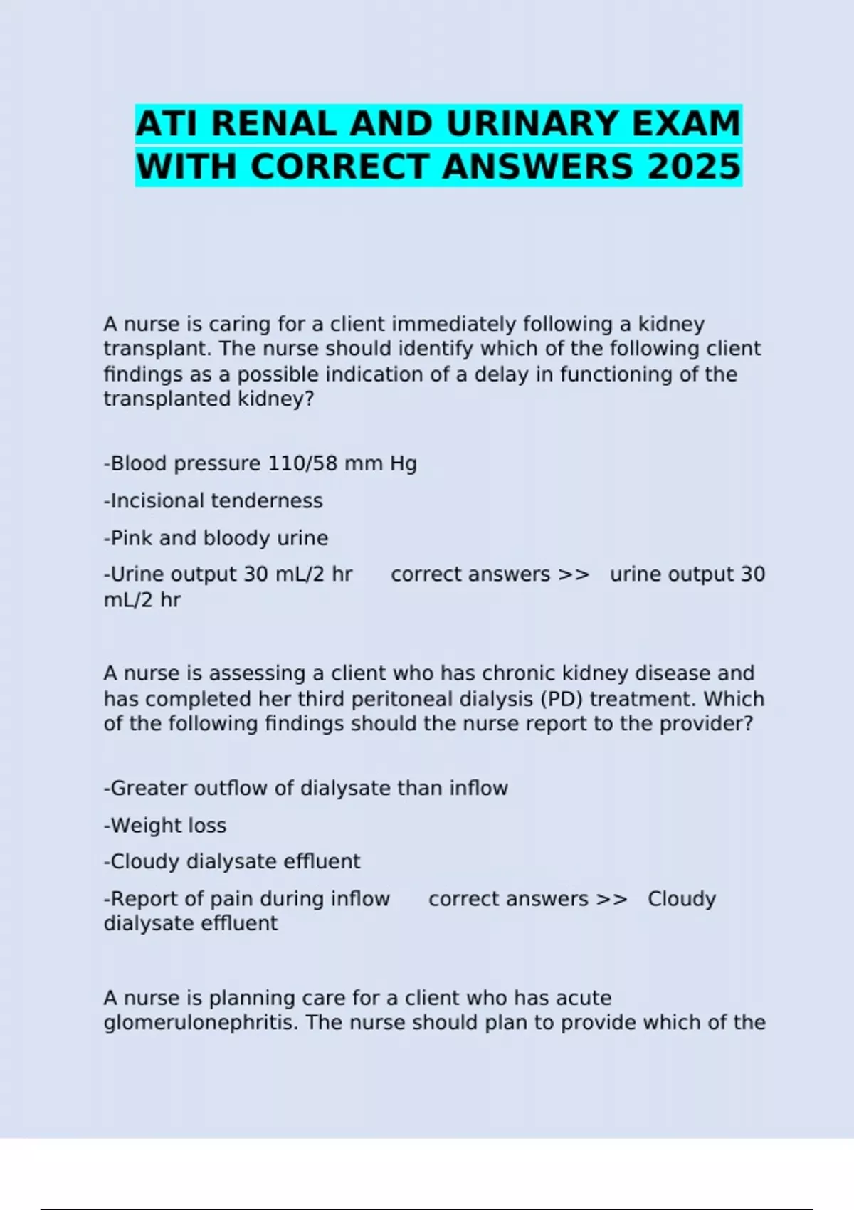 ATI RENAL AND URINARY EXAM WITH CORRECT ANSWERS 2025 - ATI RENAL AND ...