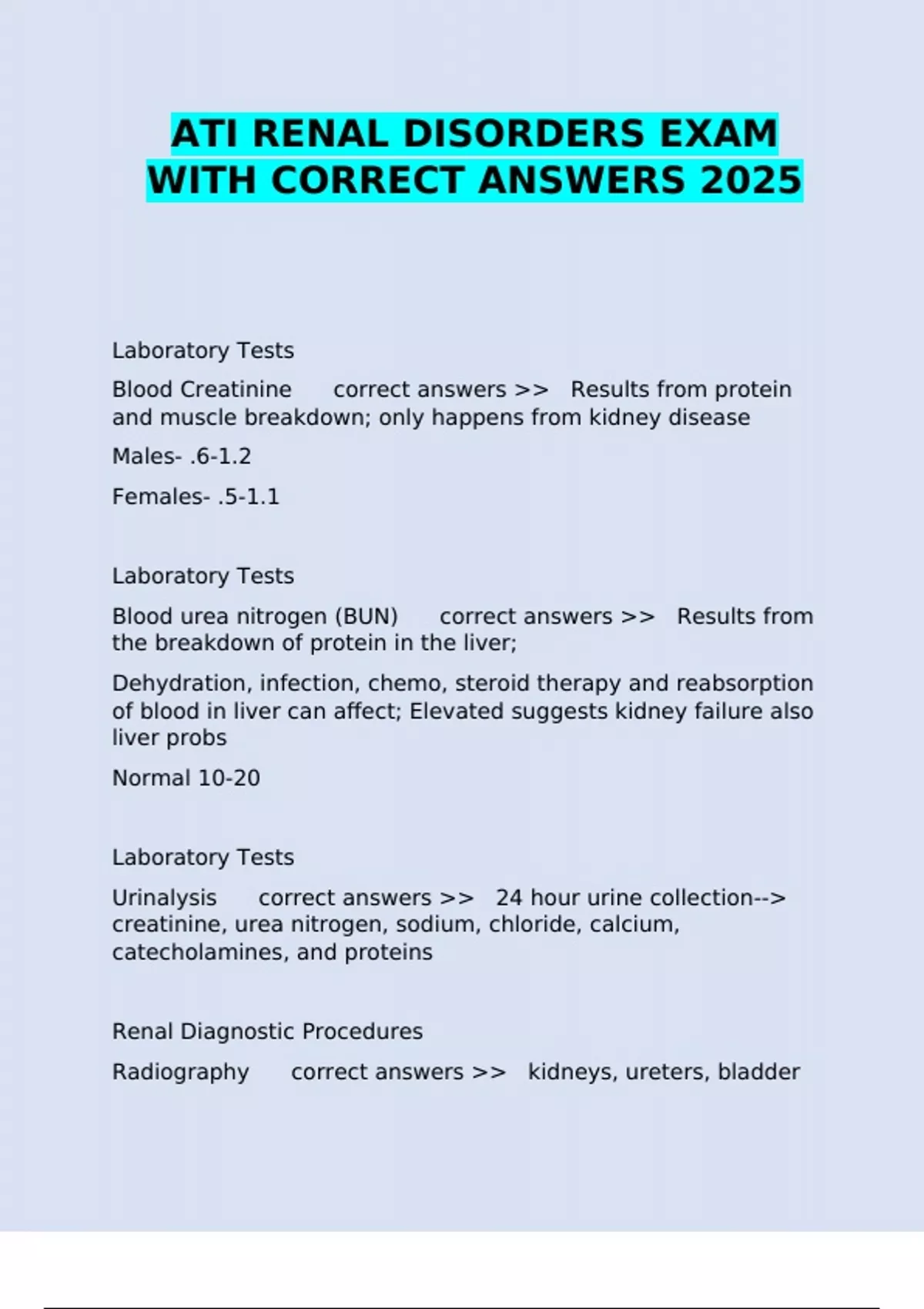 ATI RENAL DISORDERS EXAM WITH CORRECT ANSWERS 2025 - ATI RENAL ...
