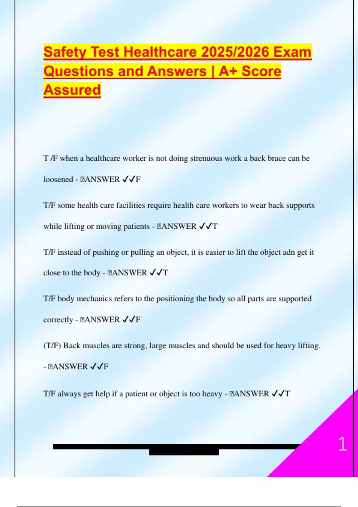 Safety Test Healthcare 2025/2026 Exam Questions and Answers | A+ Score ...