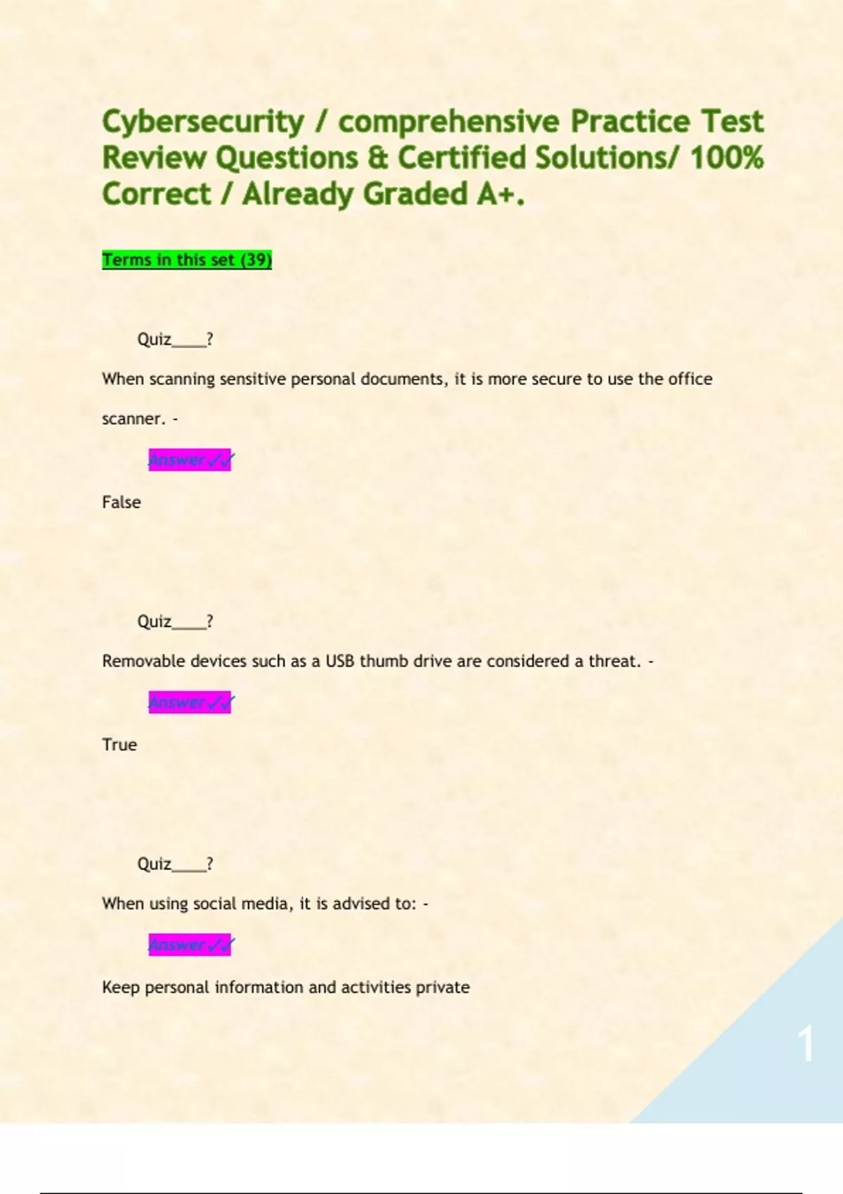 Cybersecurity / comprehensive Practice Test Review Questions ...