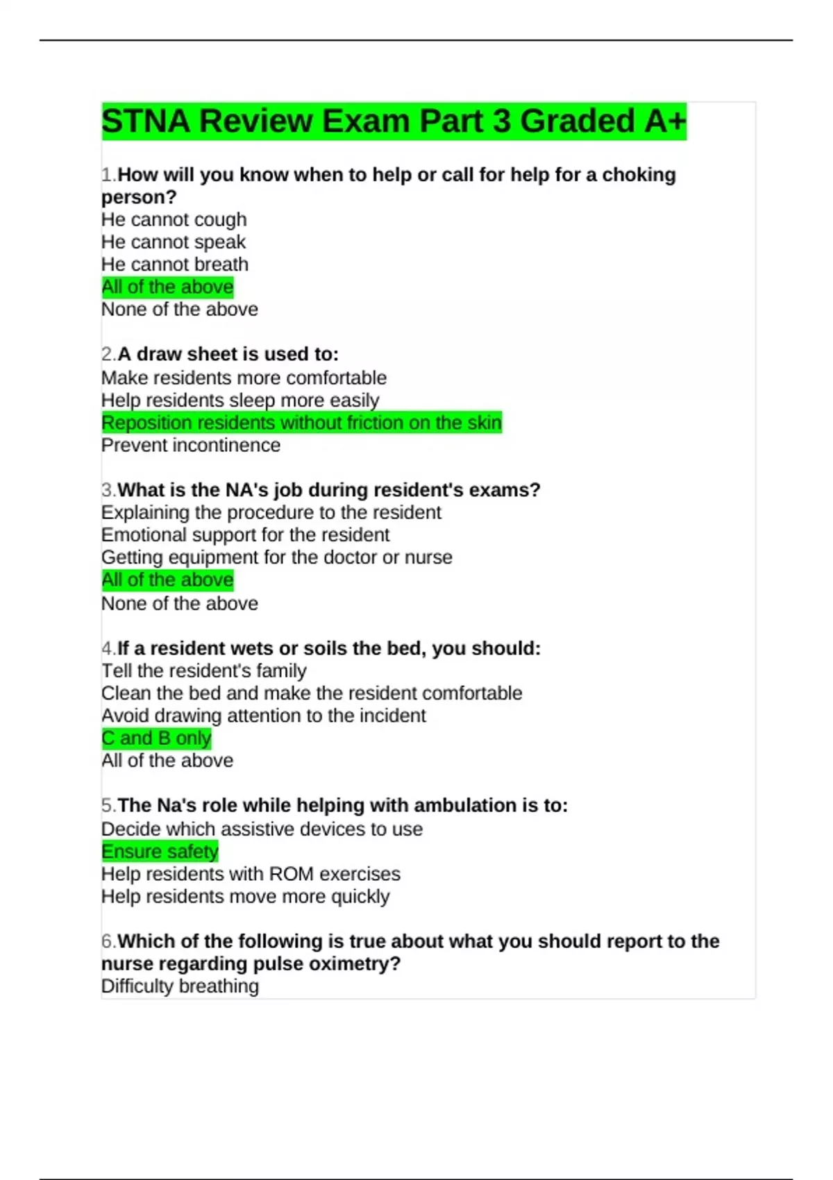 STNA Review Exam Part 3 Graded A+ - STNA - Stuvia US