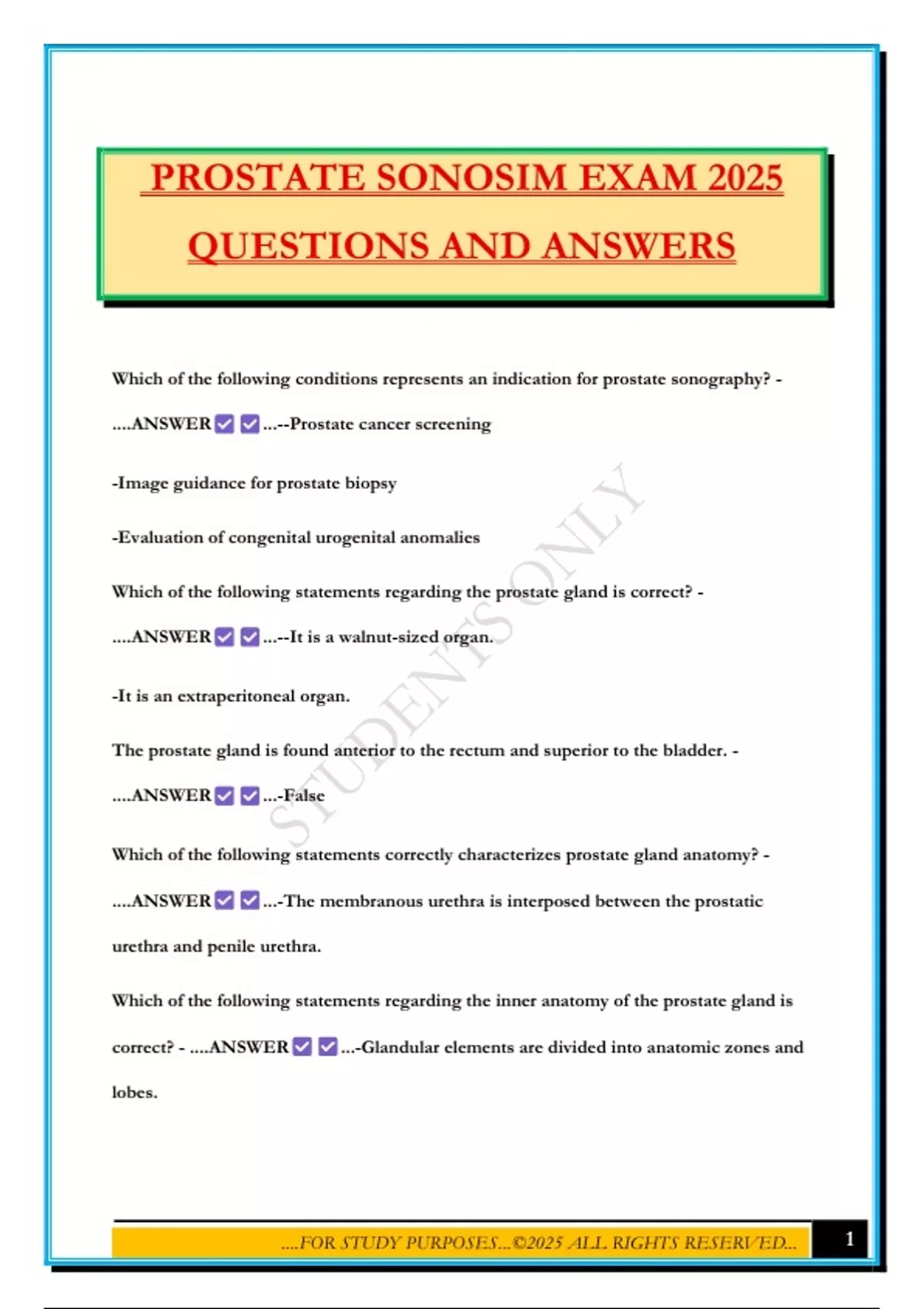Prostate Questions Pdf PROSTATE SONOSIM EXAM 2025 QUESTIONS AND ANSWERS - SONOSIM - Stuvia US