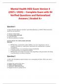 Mental Health HESI Exam Version 4 &lpar;2025 &sol; 2026&rpar; &ndash; Complete Exam with 84 Verified Questions and Rationalized Answers &vert; Graded A&plus;