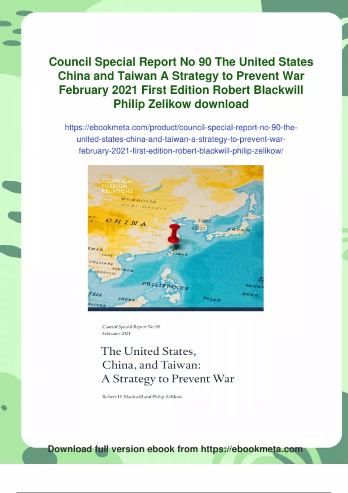 Summary Council Special Report No 90 The United States China and Taiwan ...