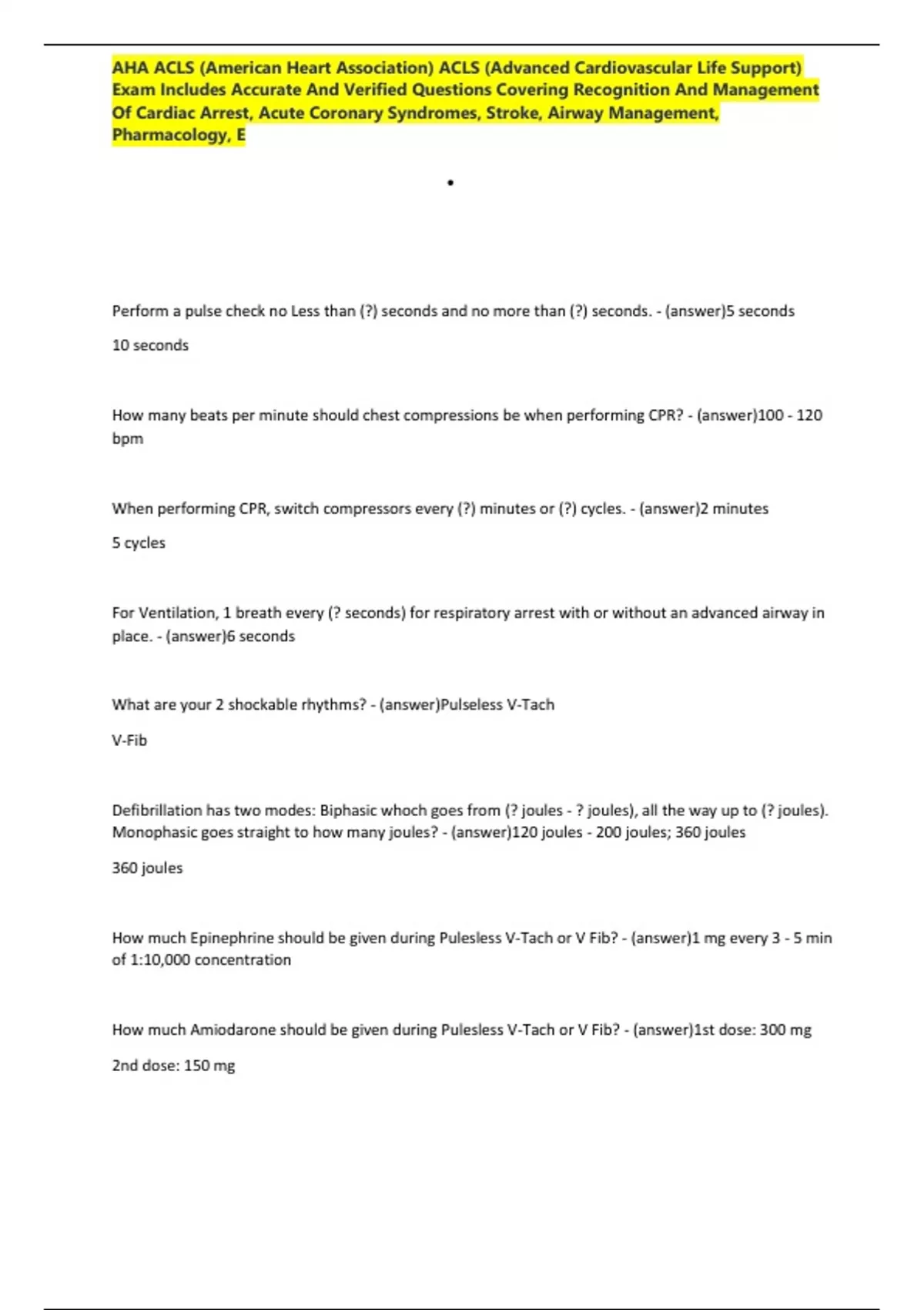 AHA ACLS (American Heart Association) ACLS (Advanced Cardiovascular ...