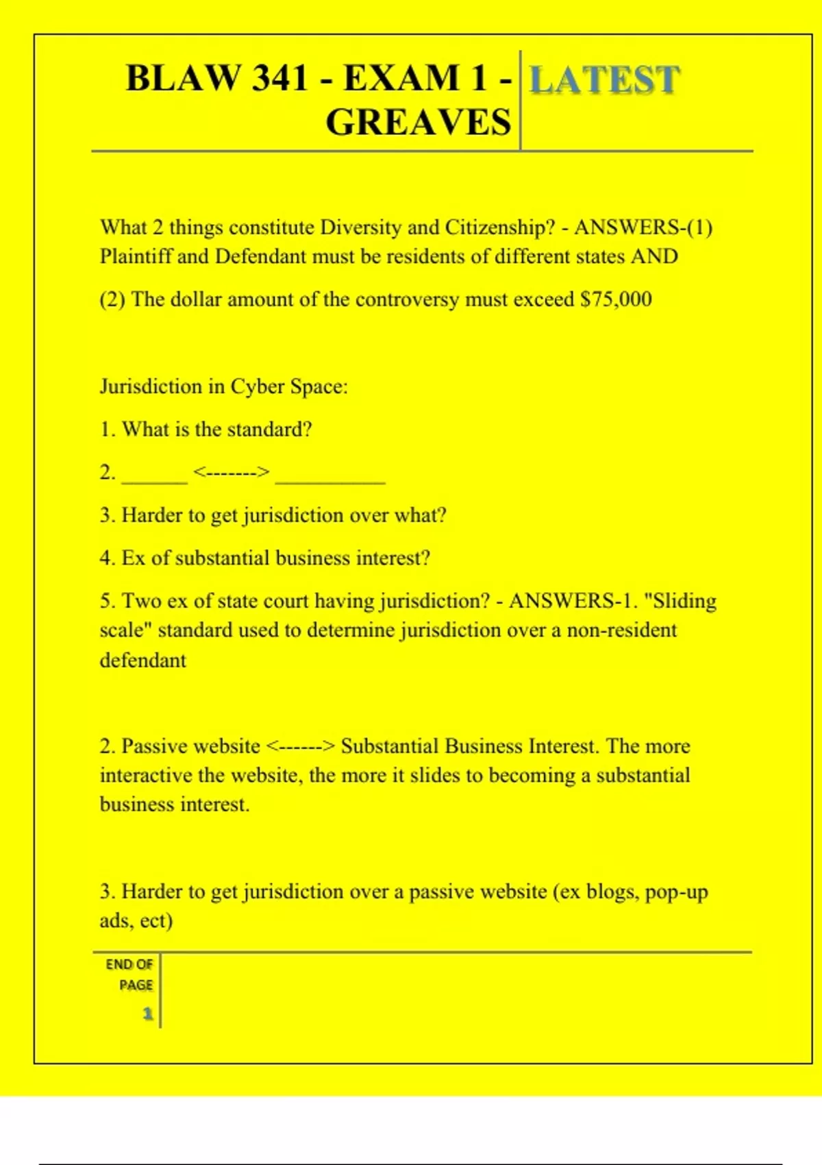 BLAW 341 - EXAM 1 - GREAVES QUESTIONS AND ANSWERS 2025 - BLAW 341 ...