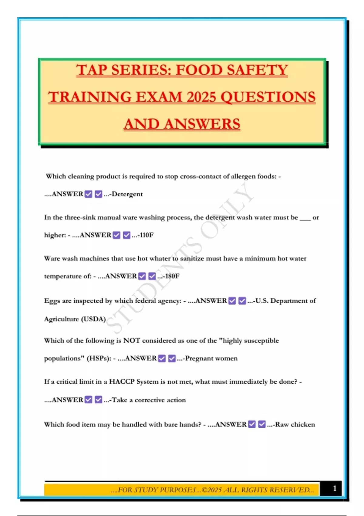 TAP SERIES: FOOD SAFETY TRAINING EXAM 2025 QUESTIONS AND ANSWERS - TAP ...