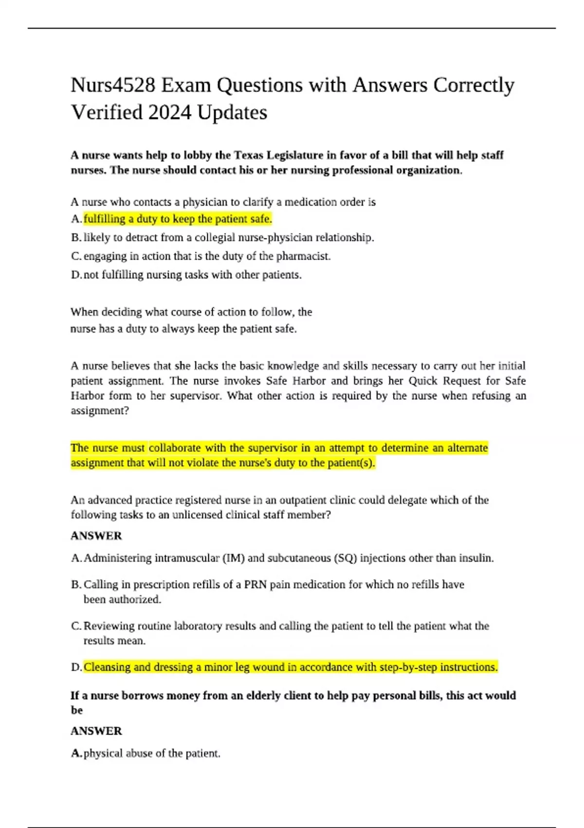 Nurs4528 Exam Questions with Answers Correctly Verified 2024 Updates ...